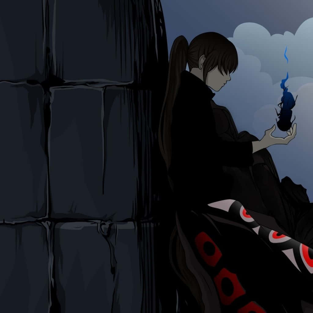 Tower Of God 桌布 壁紙 — 一個孤獨的馬尾辮動漫女孩靠著石牆，在陰天手持發光的藍色甲蟲。