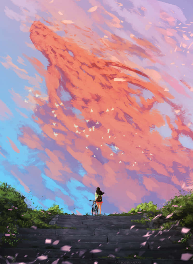 Aesthetic Ghibli 桌布 壁紙 — 一個孤獨的騎單車者在石階上稍作停留，天空超現實，畫滿了旋轉的粉紅和藍色雲朵，還有飄落的櫻花。