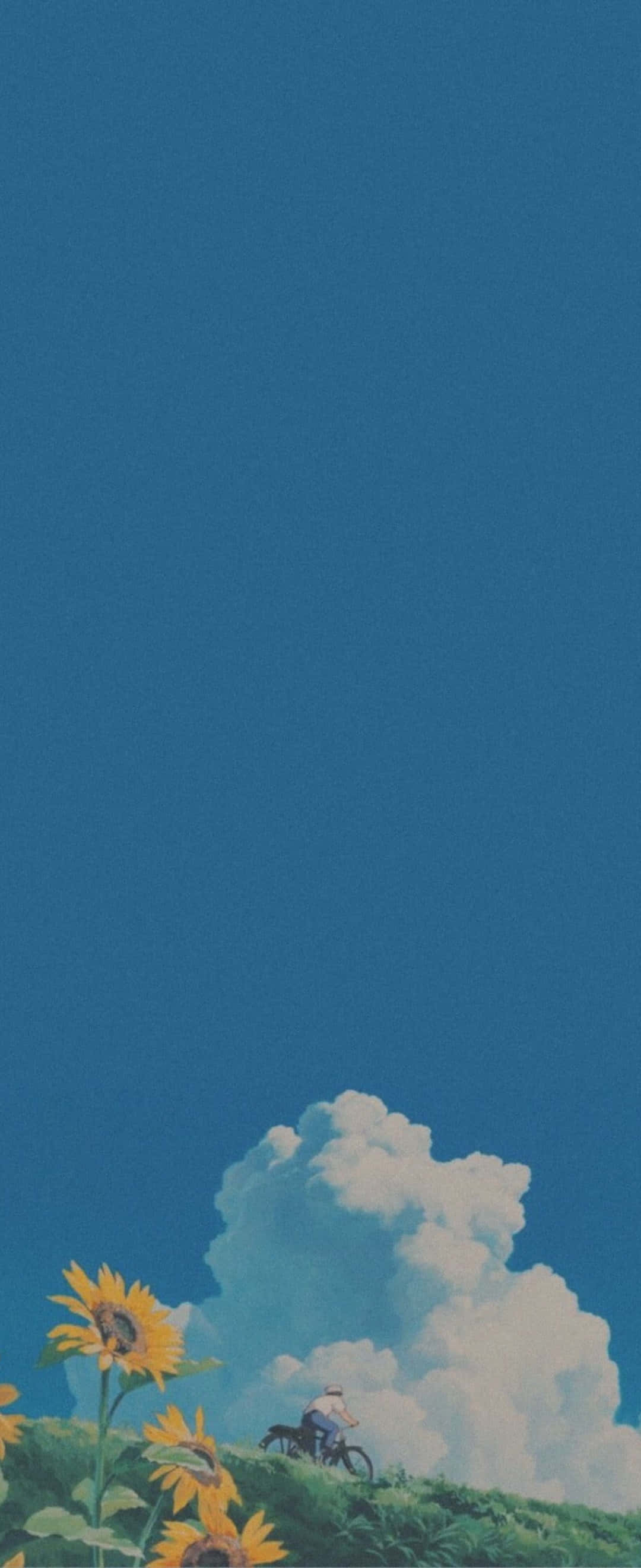 1080x2640 桌布 壁紙 — 一個孤獨的騎單車者踩著單車上坡，經過向日葵，在廣闊的藍天下，只有一朵蓬鬆的雲。