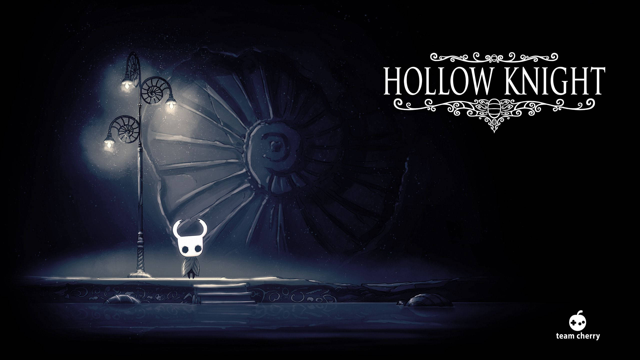 Hollow 桌布 壁紙 — 一個孤獨的騎士戴著骷髏頭盔，站在發光的路燈下，面前是一個巨大的螺旋結構，處於黑暗且充滿氣氛的遊戲場景中。