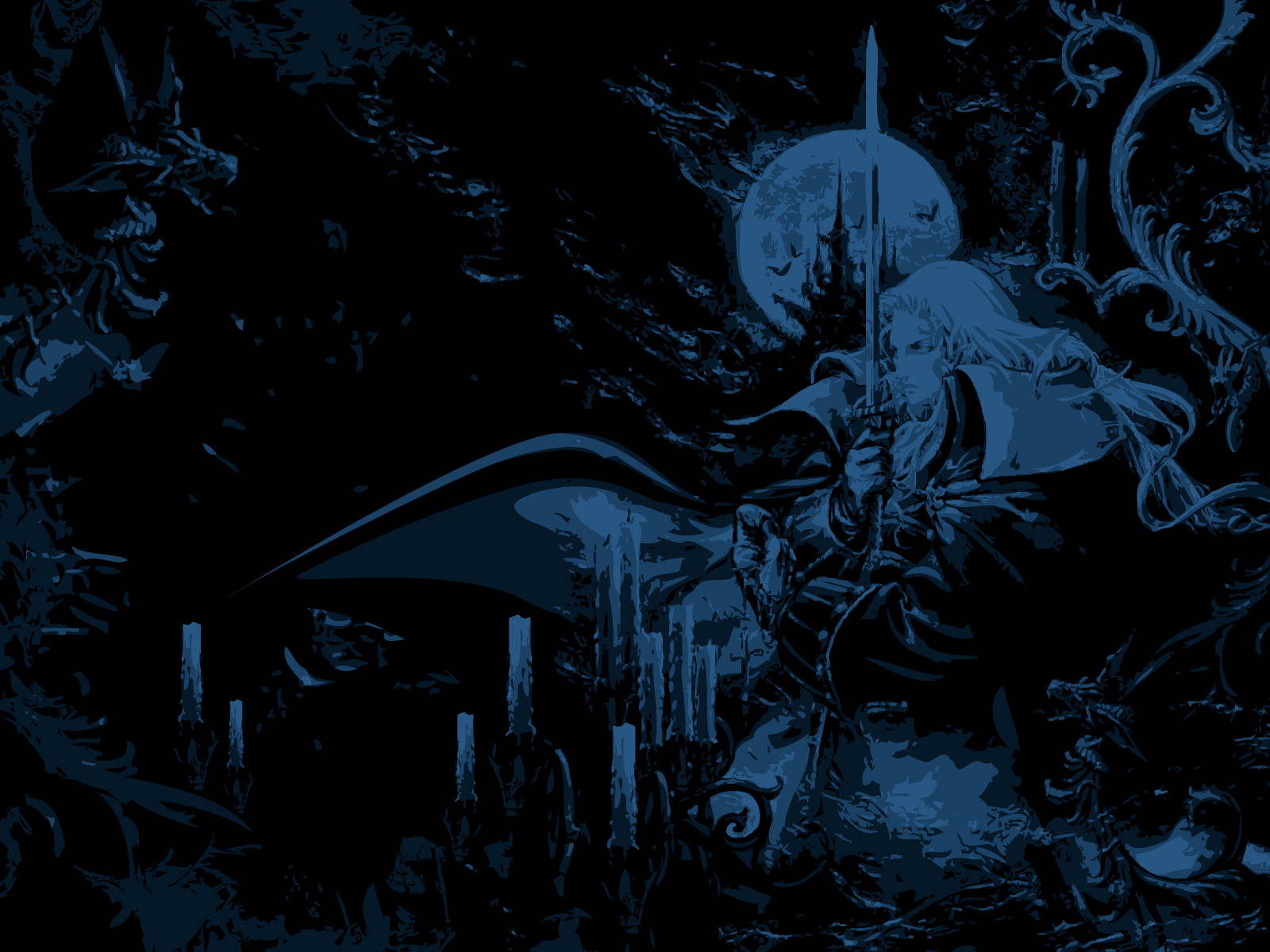 Castlevania 桌布 壁紙 — 一個孤獨的騎士穿著深藍色盔甲，在滿月下 defiantly 站立，背後有城堡剪影，周圍環繞著哥德式藤蔓和蠟燭。