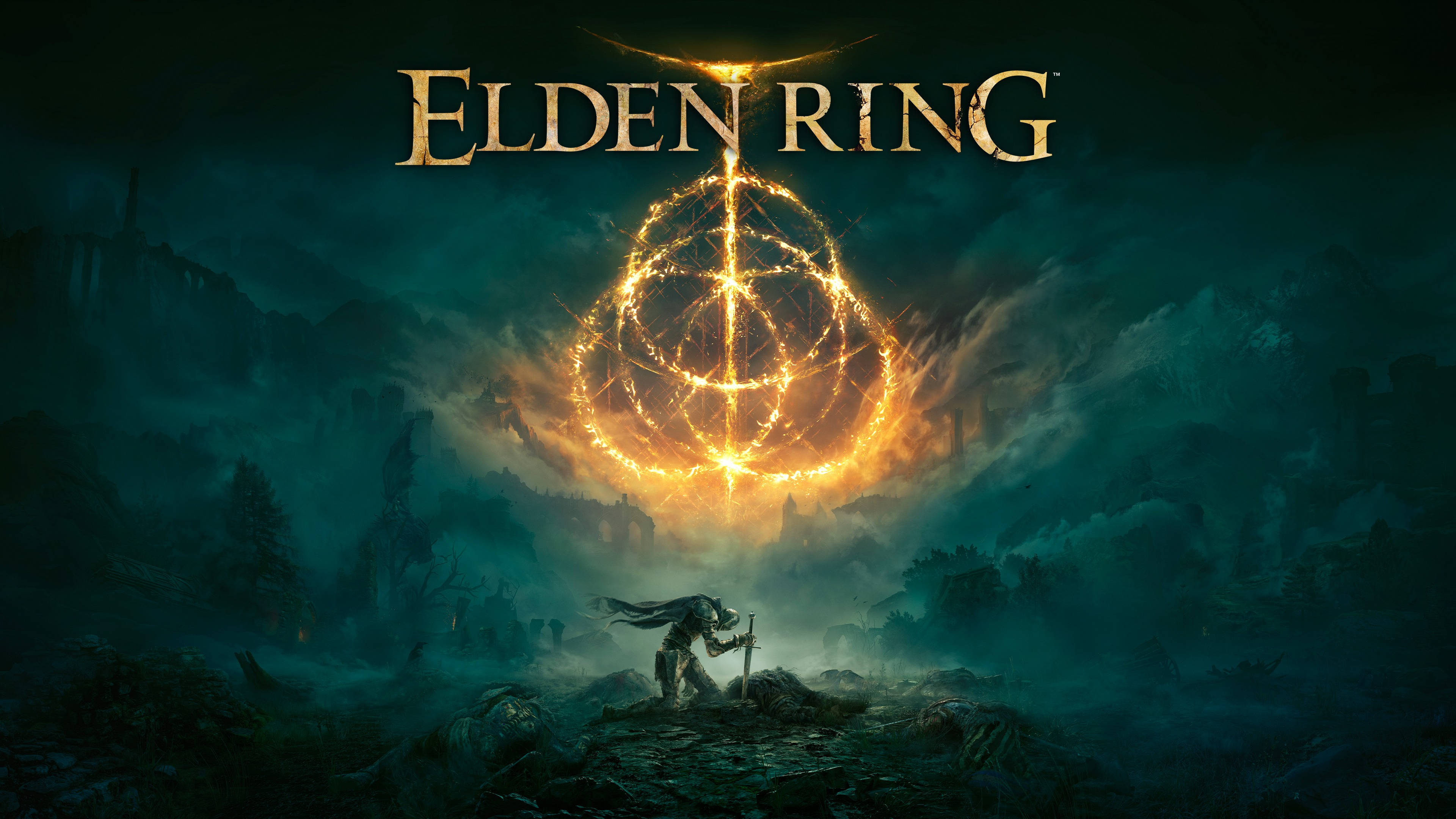 Ring 桌布 壁紙 — 一個孤獨的騎士站在一個發光的金色圓環前，懸浮在黑暗迷霧的風景中，在 Elden Ring 標題下。
