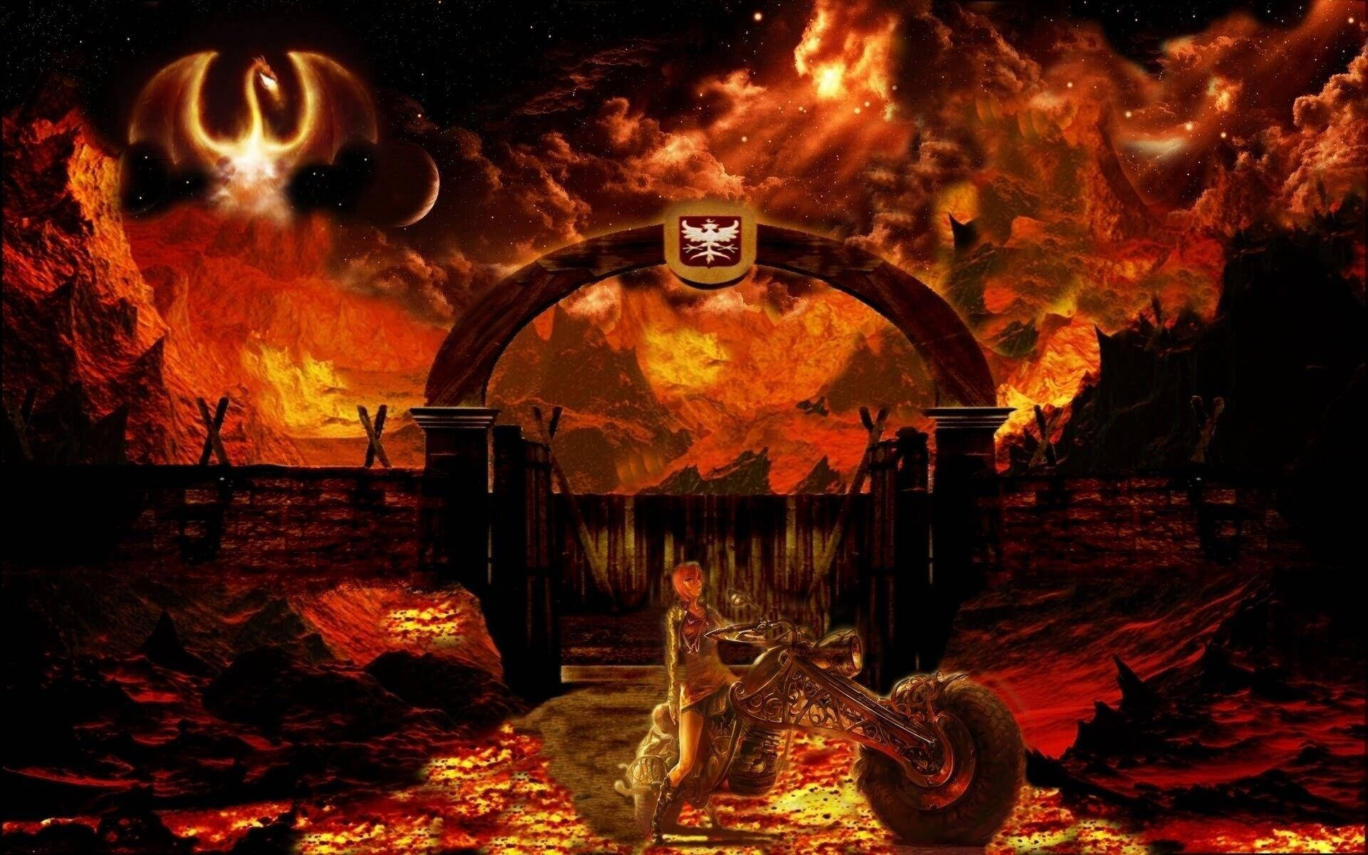 Hellbound 桌布 壁紙 — 一個孤獨的騎士騎著一輛chopper機車，站在一個火焰拱門前，背景是地獄般的風景和熾熱的天空。