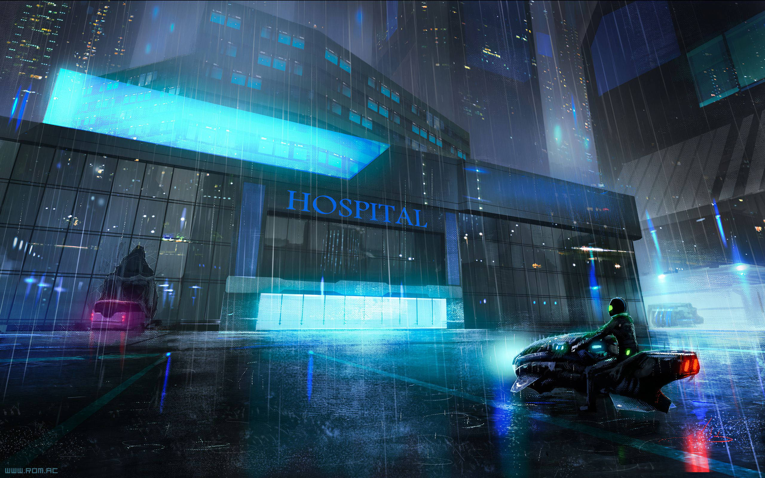 Raining 桌布 壁紙 — 一個孤獨的騎士騎著發光的未來摩托車，在雨濕的霓虹街上飛馳，經過夜晚高聳的醫院。