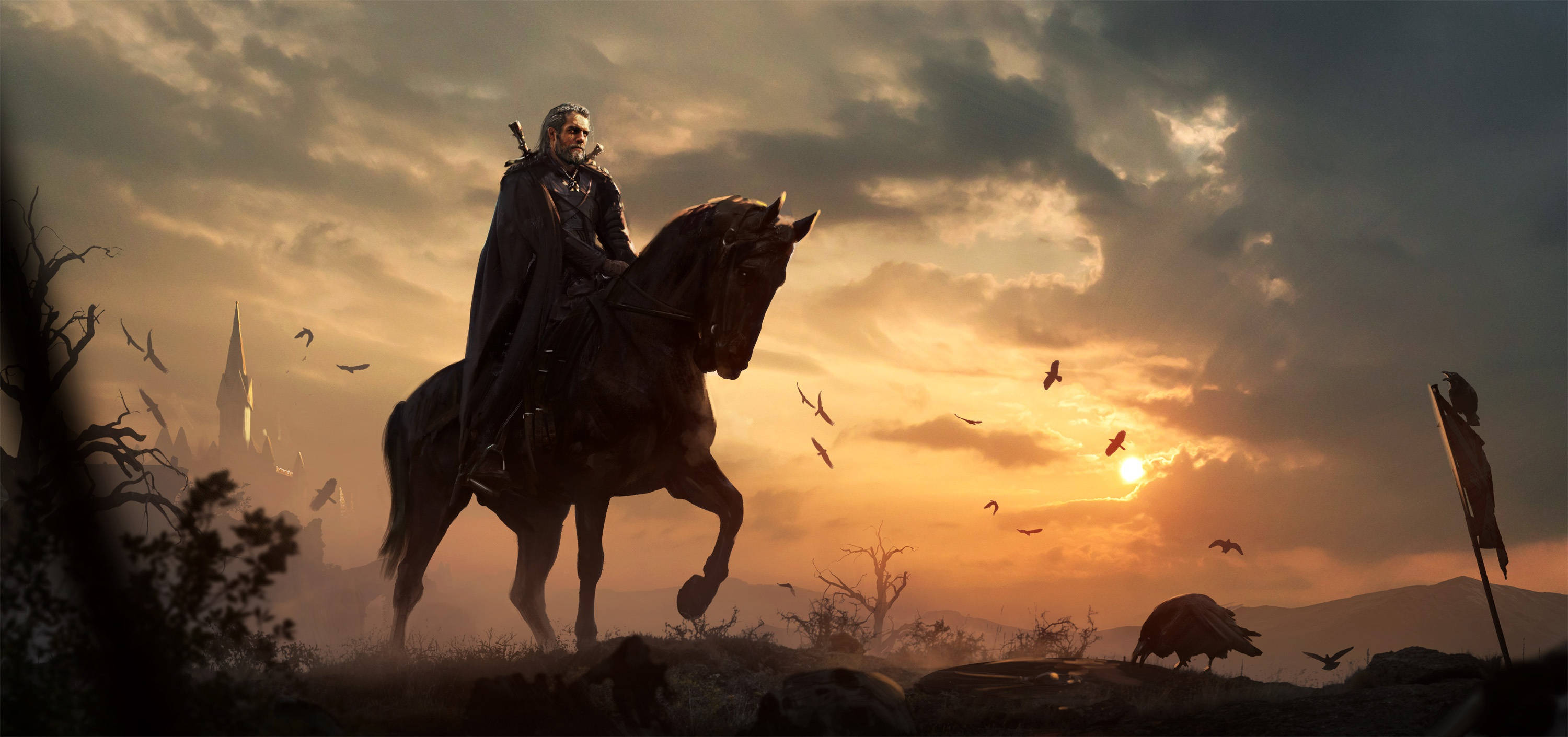 The Witcher 3 桌布 壁紙 — 一個孤獨的騎士騎著馬，在日落時分穿越荒涼的戰場，遠處有城堡，頭頂有鳥兒飛翔。
