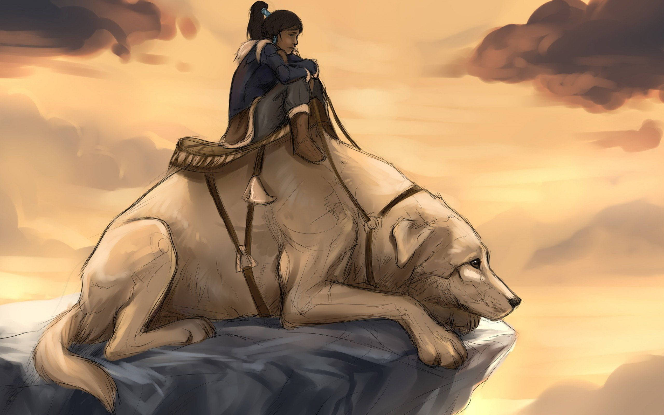 Korra 桌布 壁紙 — 一個孤獨的騎手坐在懸崖邊一隻正在休息的巨大狗上，背景是溫暖的日落天空。