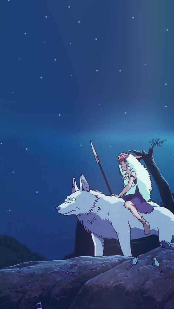 Studio Ghibli Phone 桌布 壁紙 — 一個孤獨的騎手手持長矛，坐在一隻白狼上，身處星空下的岩石懸崖。