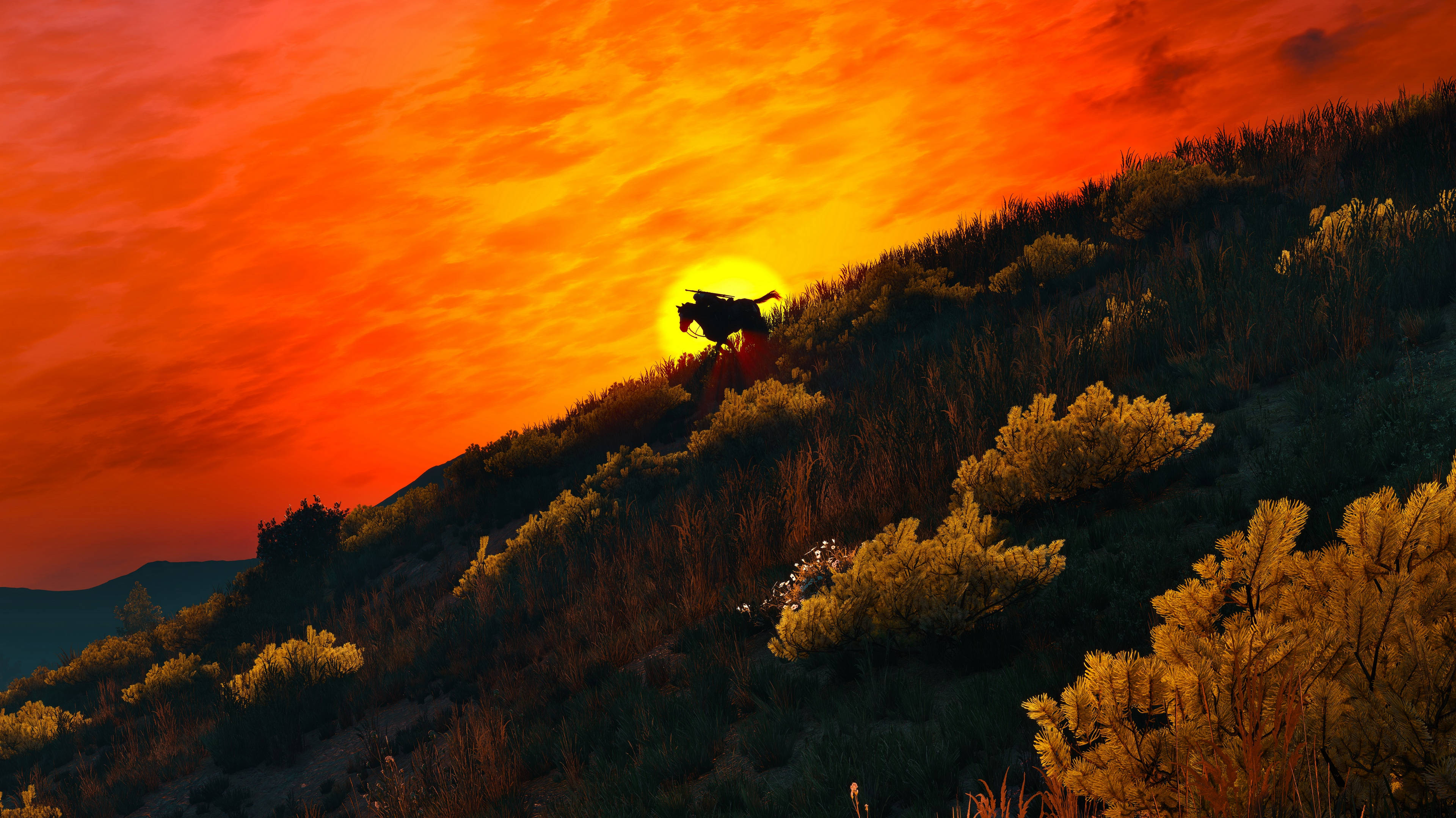 The Witcher 3 桌布 壁紙 — 一個孤獨的騎手騎在馬上，在長滿草的山頂上，以火紅的橙色日落為背景形成剪影。