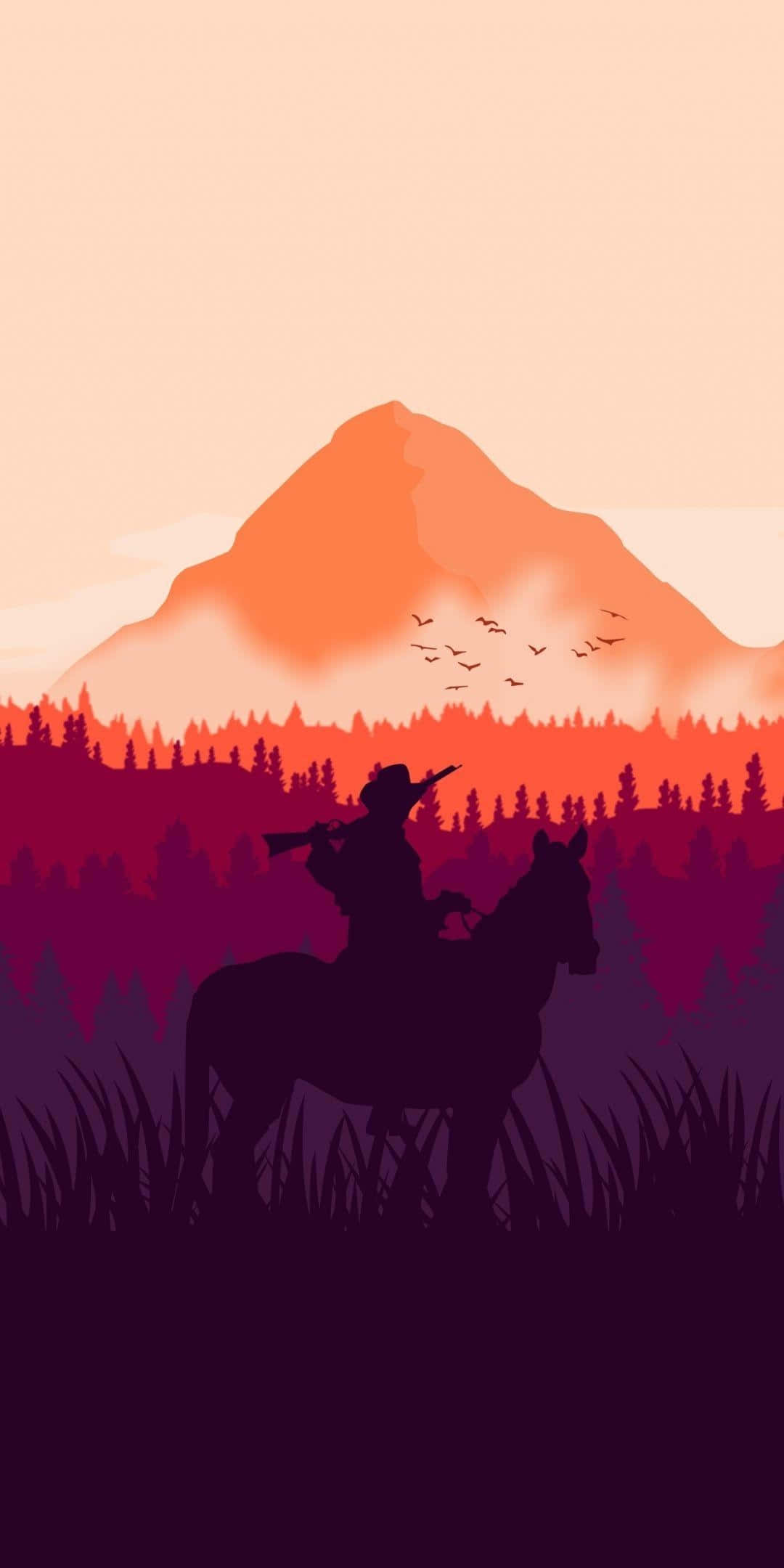Red Dead Redemtion 2 桌布 壁紙 — 一個孤獨的騎手騎在馬上的剪影，背景是充滿活力的橙色和紫色山脈日落，有鳥兒飛翔。