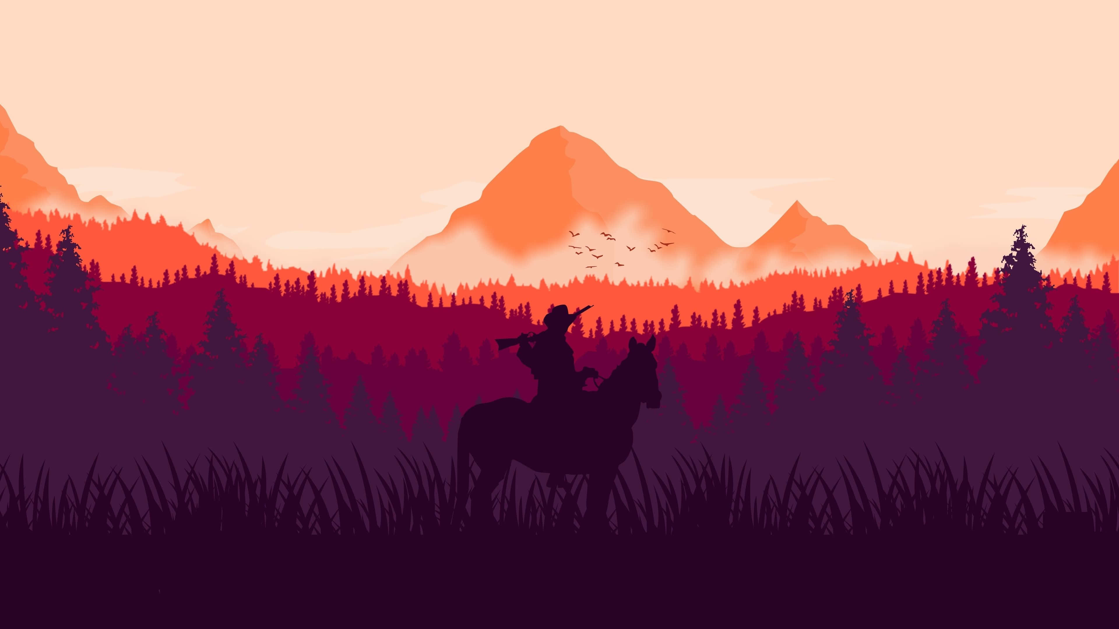 Red Dead Redemption 4K 桌布 壁紙 — 一個孤獨的騎手騎在馬上的剪影，背景是熾熱的橙色和紫色山脈日落，有鳥兒飛翔。