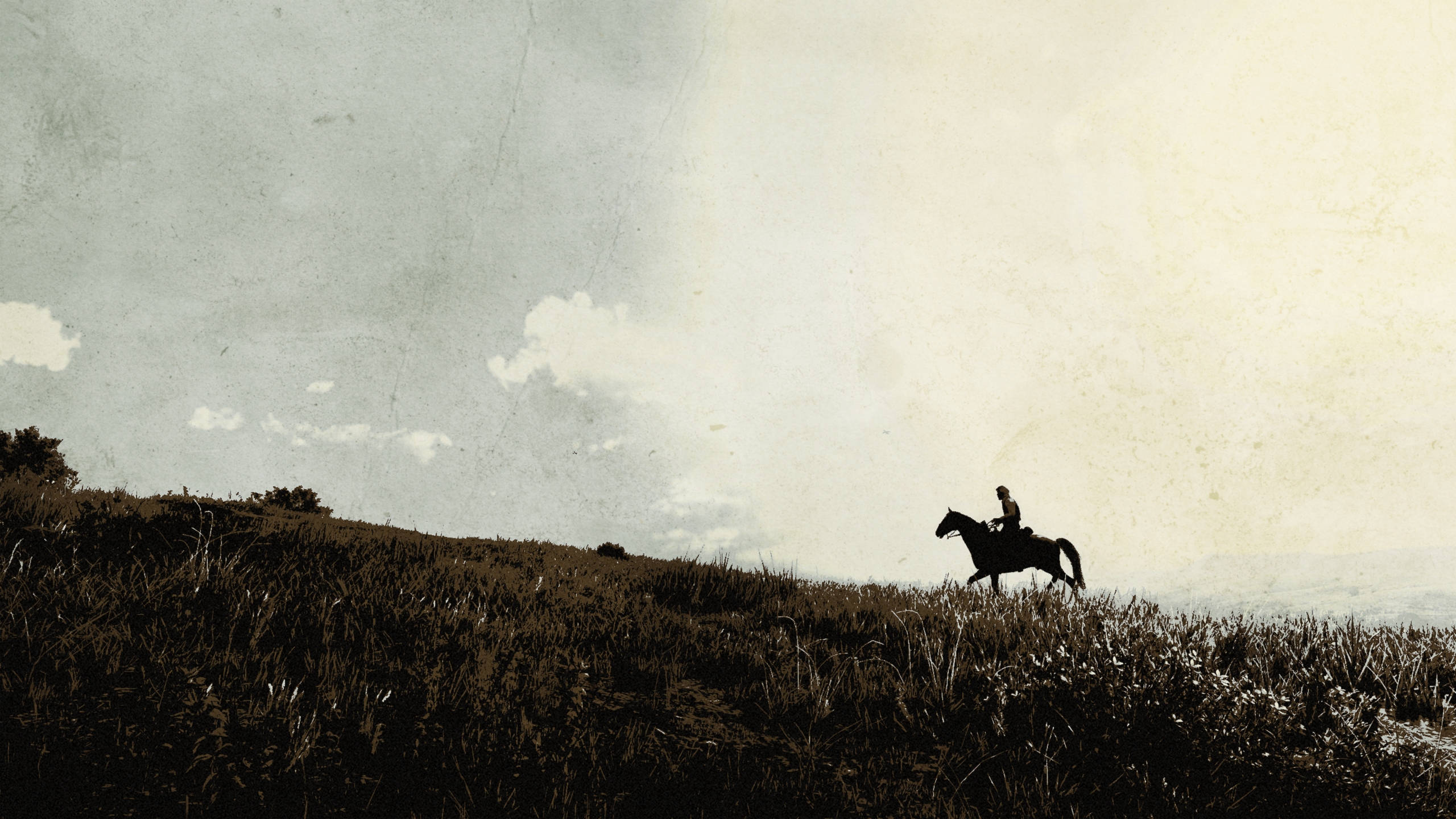 Red Dead Redemtion 2 桌布 壁紙 — 一個孤獨的騎手騎在馬背上，在廣闊多雲的天空下，在長滿青草的山頂上形成剪影。