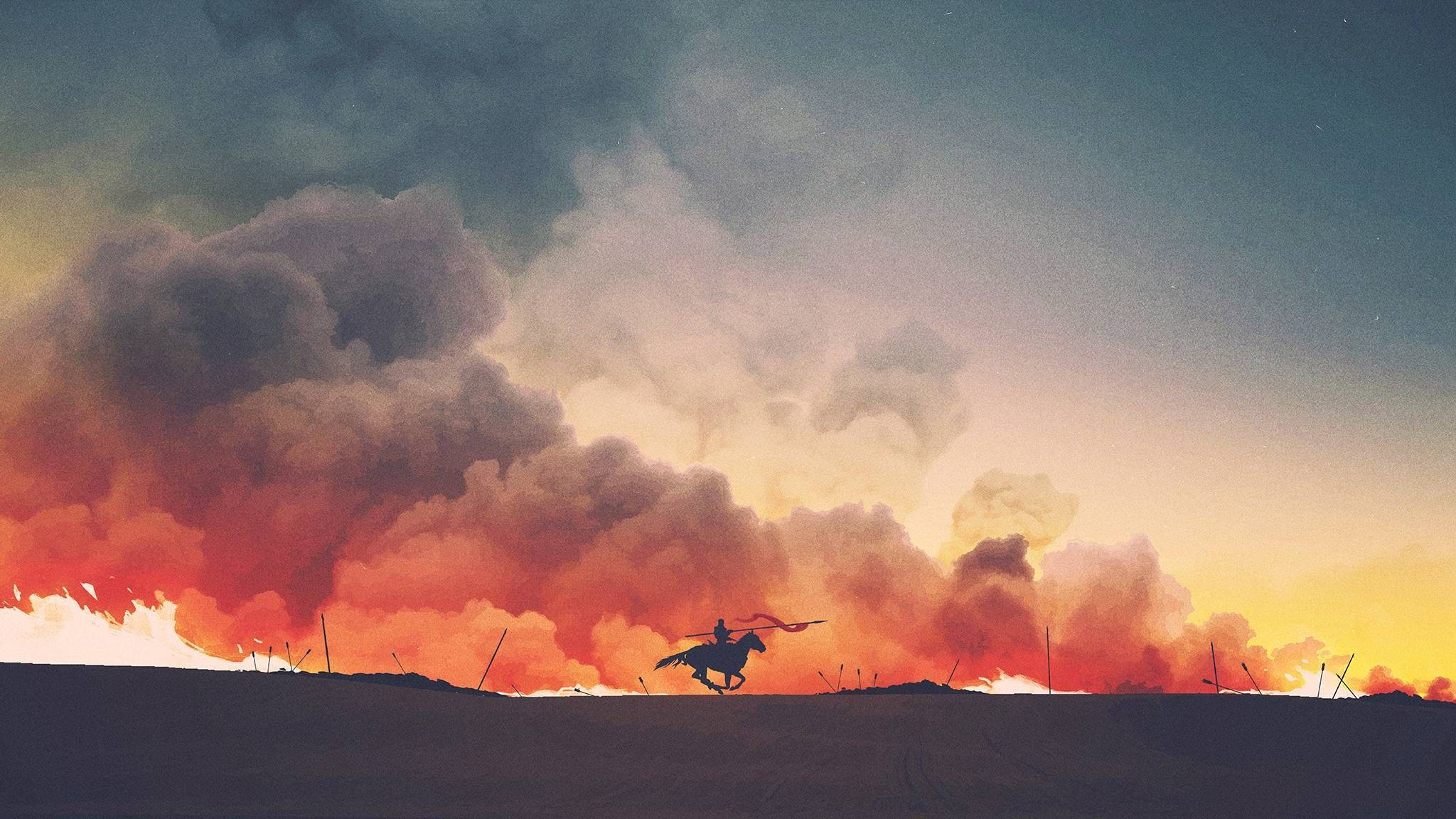 House Lannister 桌布 壁紙 — 一個孤獨的騎手騎在馬背上，在熾熱的日落和橫跨地平線的戲劇性煙雲中形成剪影。