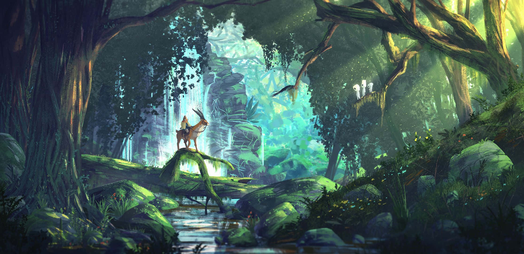 Aesthetic Ghibli 桌布 壁紙 — 一個孤獨的騎手騎著一隻像鹿的生物，站在長滿苔蘚的木頭上，在一個發光的魔法森林中，綠色的光芒透過古老的樹木照射進來。