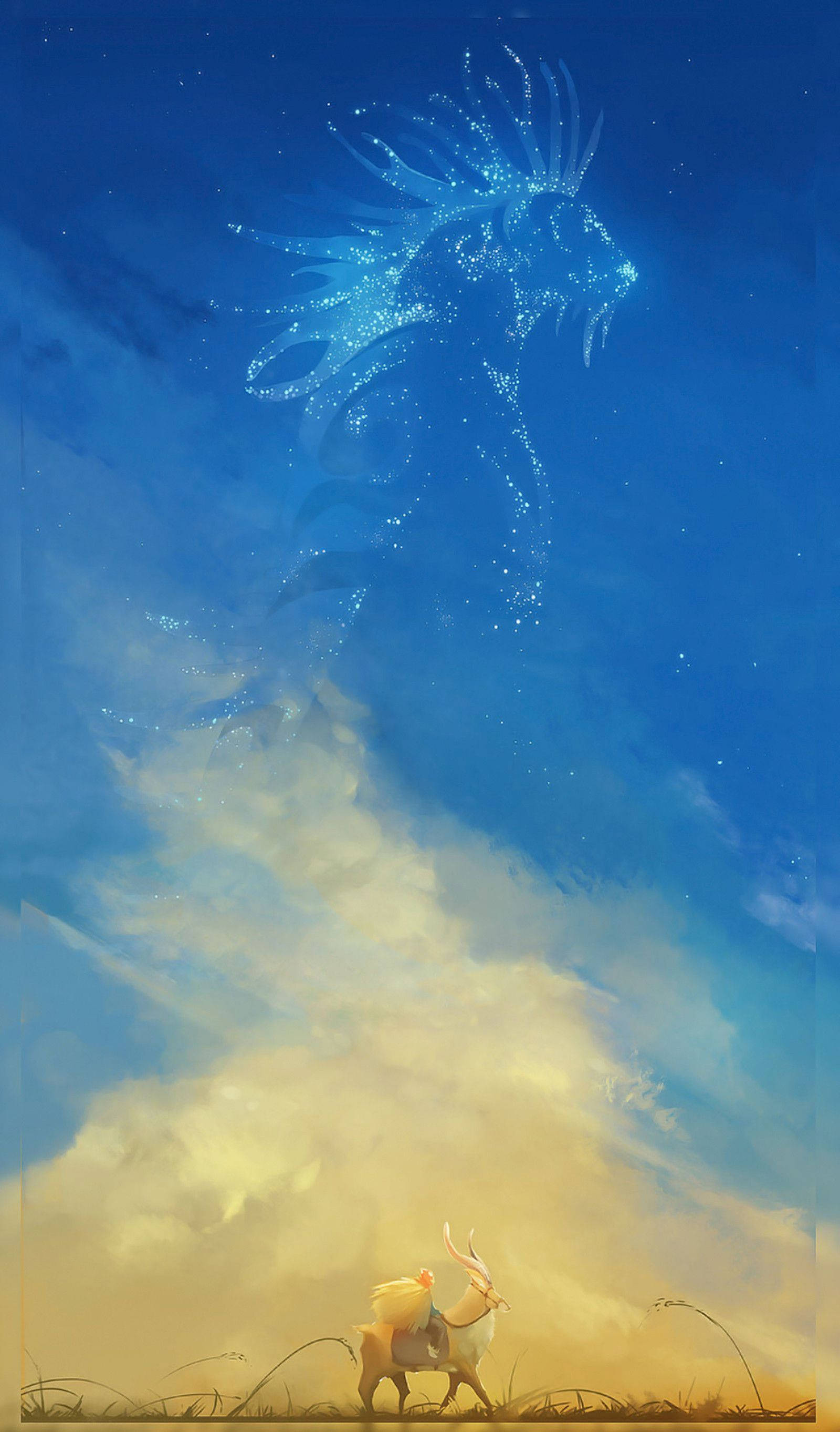 Studio 桌布 壁紙 — 一個孤獨的騎手騎著一隻像鹿的生物，仰望一隻雄偉的發光藍色天獅在繁星點點的暮色天空中翱翔。