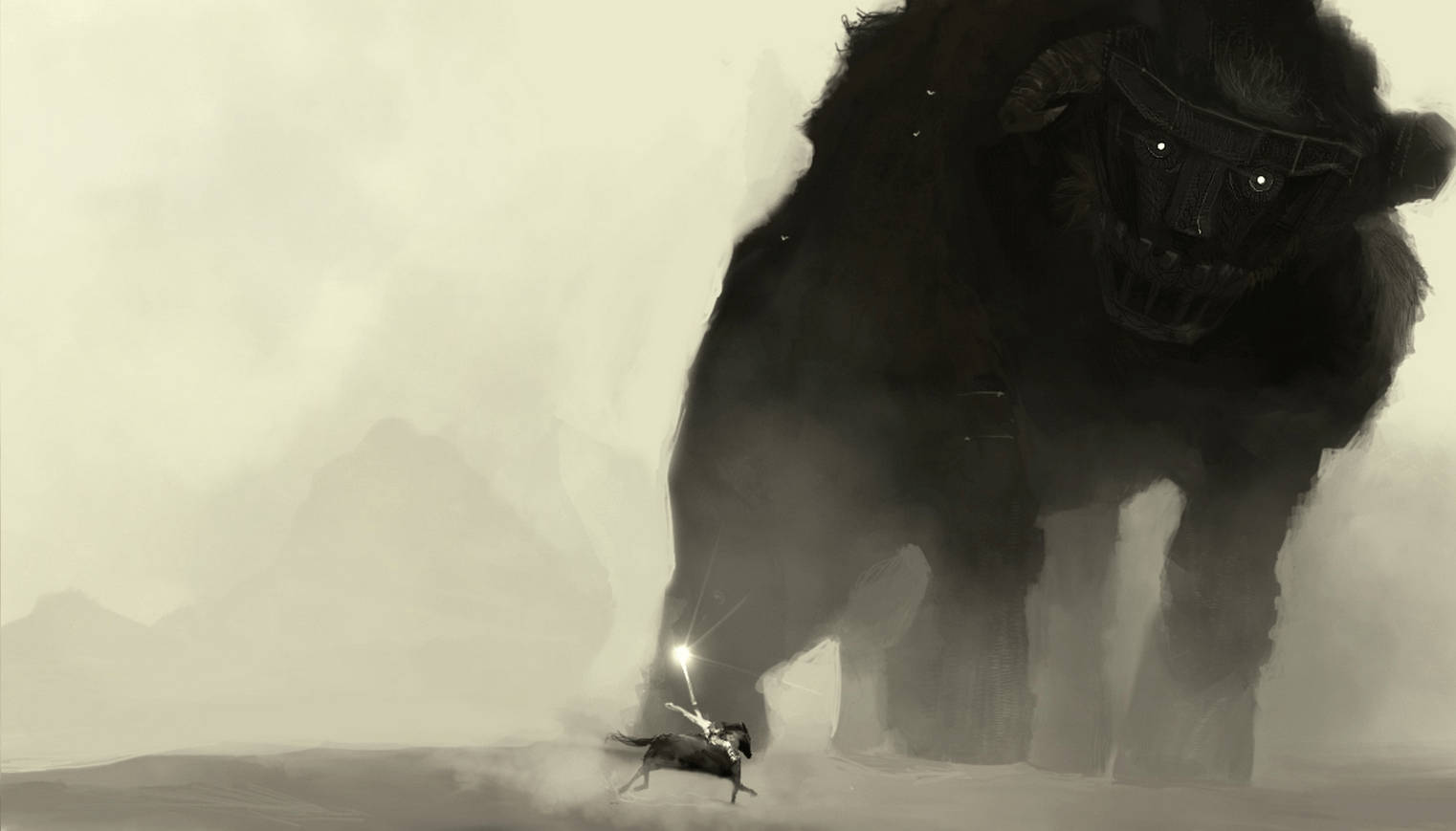 Creatures 桌布 壁紙 — 一個孤獨的騎馬戰士在迷霧單色風景中面對一個巨大的陰影野獸。