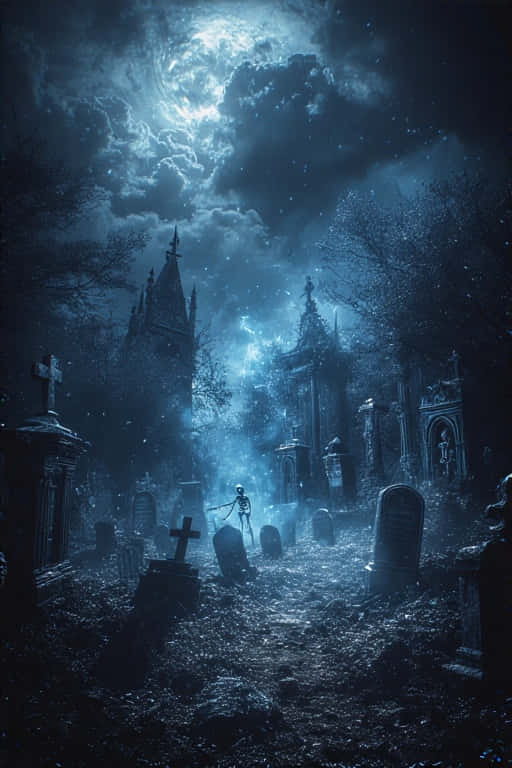 Creepy Graveyard with Skeletons Halloween 4K 壁紙 — 一個孤獨的骷髏在霧氣瀰漫、月光照耀的墓園中行走，周圍有哥德式墓碑和扭曲的樹木，天空風暴密佈。