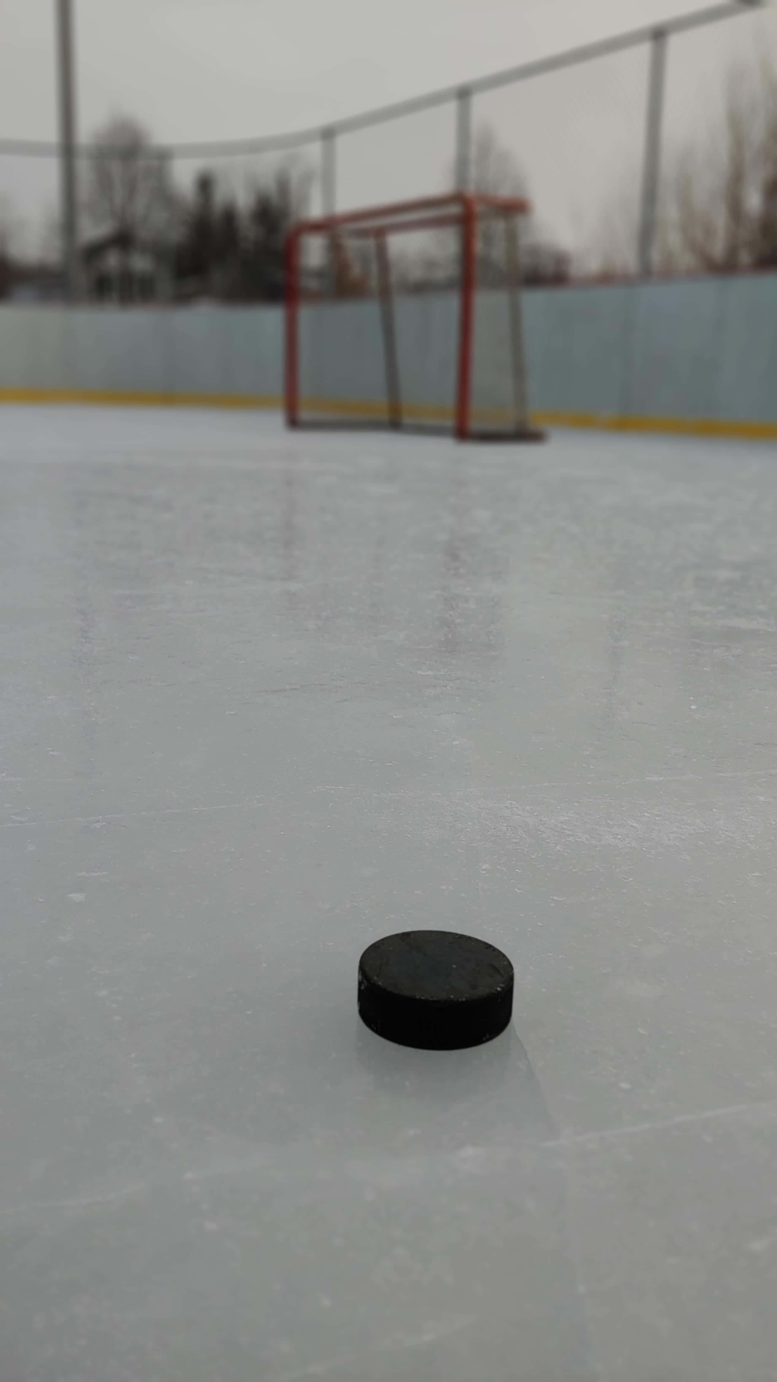 Ice Rink 桌布 壁紙 — 一個孤獨的黑色冰球放在磨損的溜冰場上，背景模糊的紅色球門網。