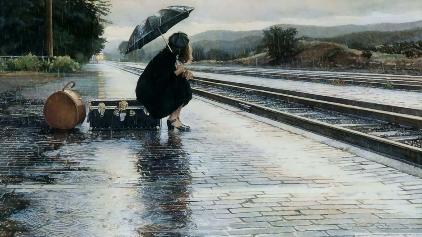 Rainy 桌布 壁紙 — 一個孤獨的黑衣女人蹲在雨濕的月台上，旁邊放著行李箱，她撐著傘，火車駛過。