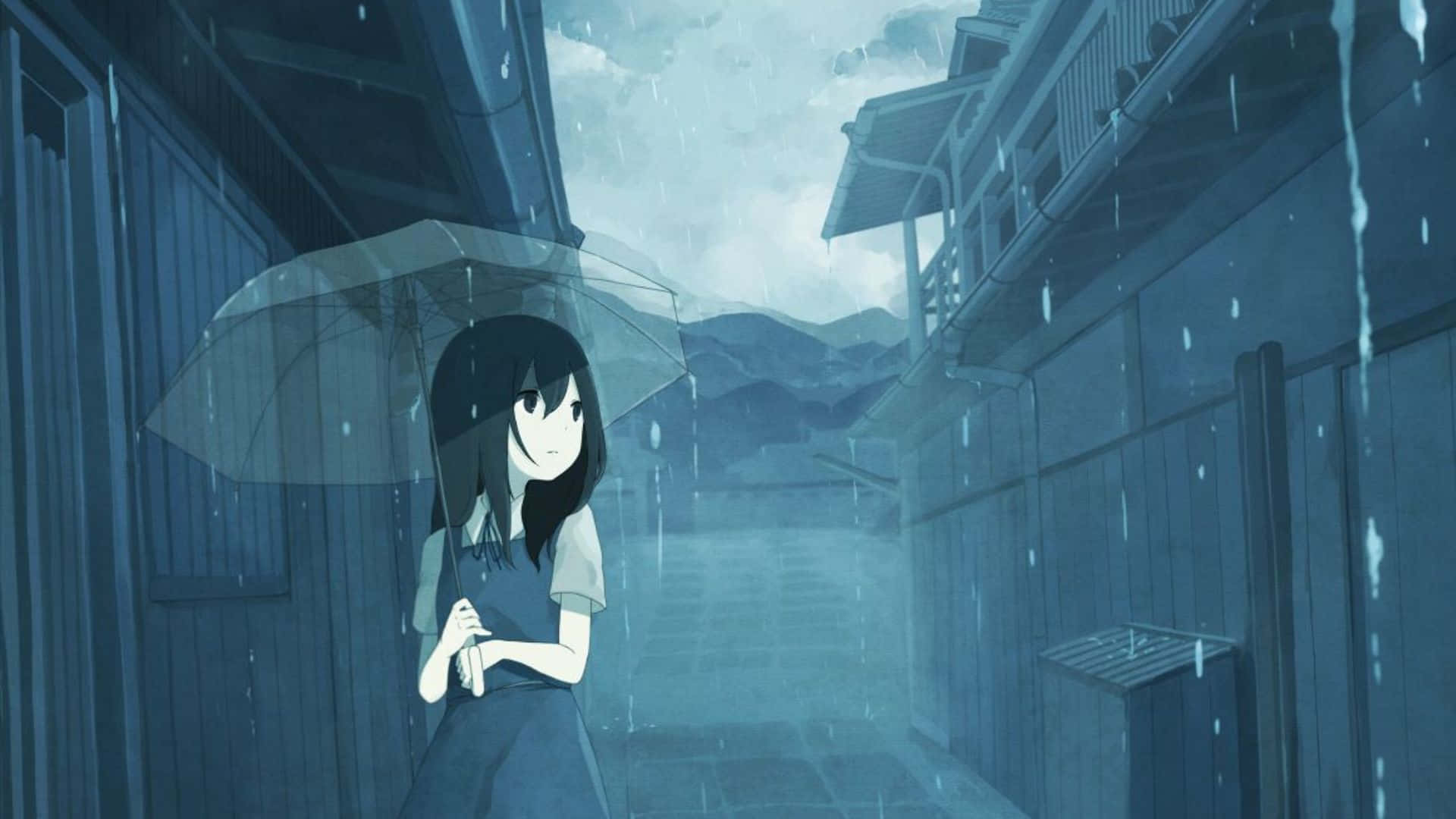 Umbrella 桌布 壁紙 — 一個孤獨的黑髮動漫女孩在傳統建築之間的狹窄木巷中撐著透明雨傘，雨水落下。