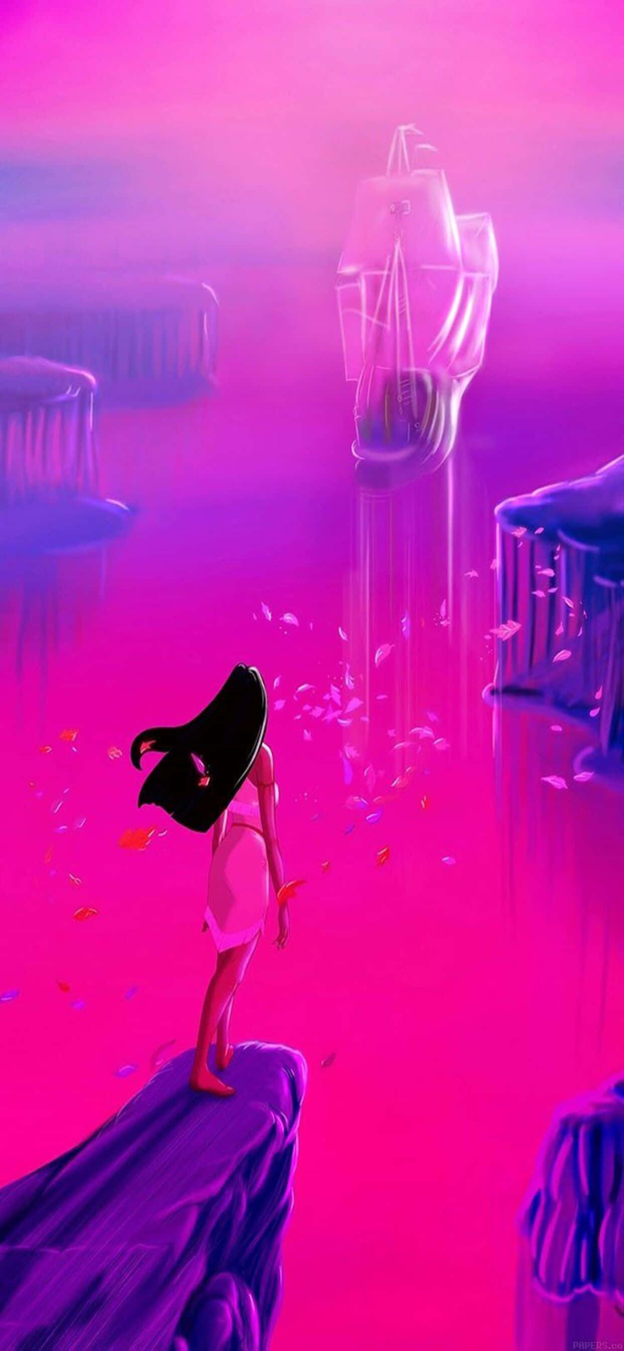 iPhone Xs Max Disney 桌布 壁紙 — 一個孤獨的黑髮身影站在懸崖邊緣，凝視著一艘懸浮在超現實粉紅和紫色迷霧中的幽靈船。