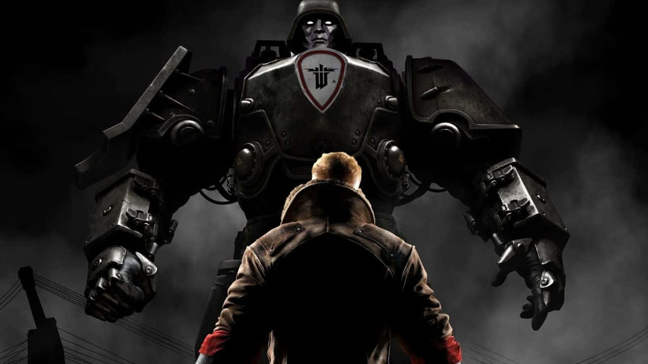 720p Wolfenstein Ii 桌布 壁紙 — 一個孤獨穿外套的男人站在一個發光眼睛和紅色標誌的巨型裝甲機器人面前，背景是煙霧瀰漫的黑暗環境。