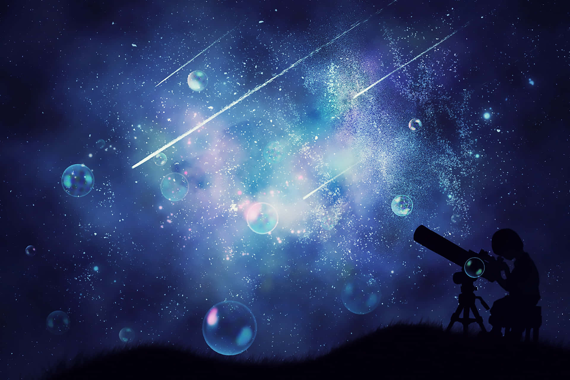 動漫 桌布 壁紙 — 一個孩子以剪影形式出現在充滿流星和發光氣泡的宇宙天空前，透過望遠鏡觀看。