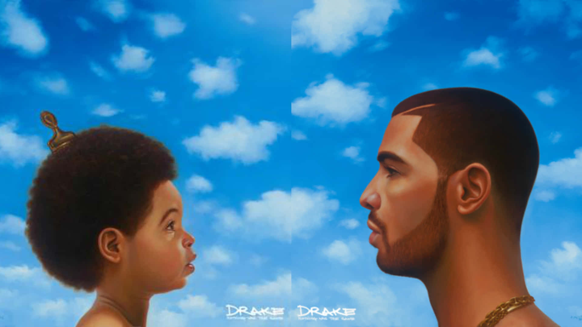 桌布 壁紙 — 一個孩子和一個成年男子在明亮的藍天和蓬鬆的白雲背景下互相面對。