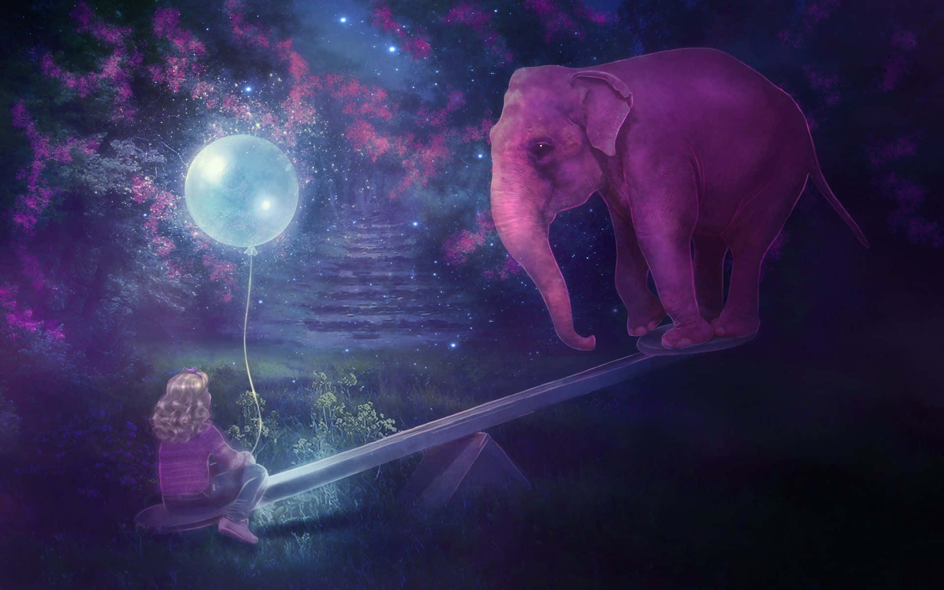 Pink Elephant 桌布 壁紙 — 一個孩子和一隻巨大的紫色大象在滿天星斗的宇宙天空下，在一個翹翹板上保持平衡，旁邊有一個發光的氣球。