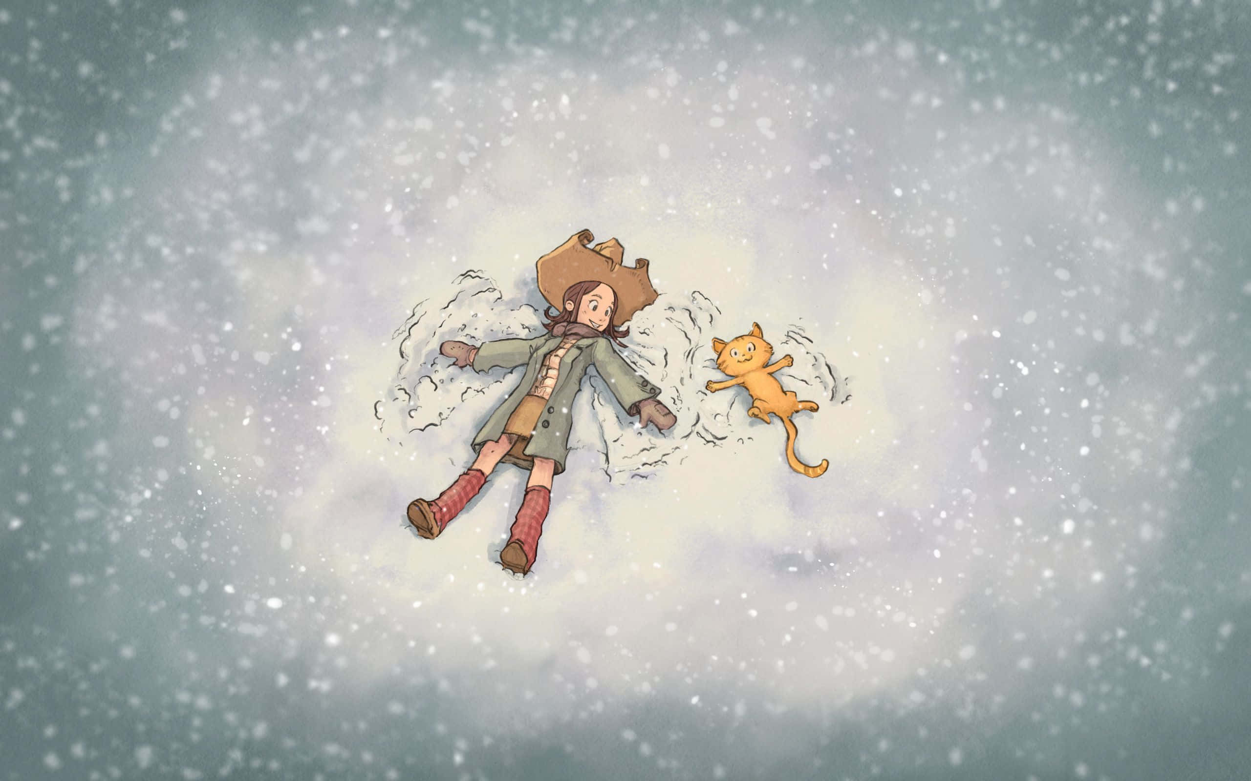 Snow Angel 桌布 壁紙 — 一個孩子和一隻橘色貓咪在柔和的灰色天空下，在輕柔的雪中製作雪天使。