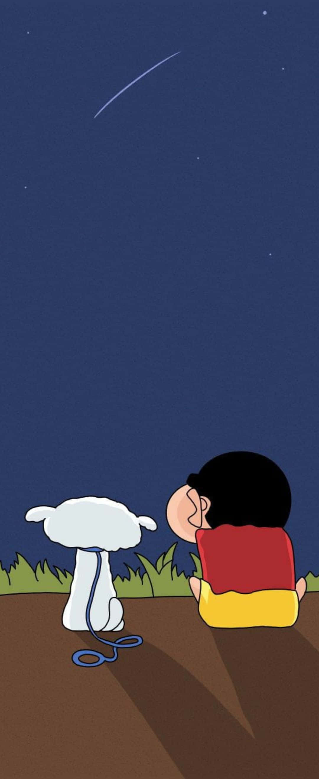 1080x2636 桌布 壁紙 — 一個孩子和一隻白狗並排坐在草地上，仰望繁星點點的夜空，一顆流星劃過頭頂。