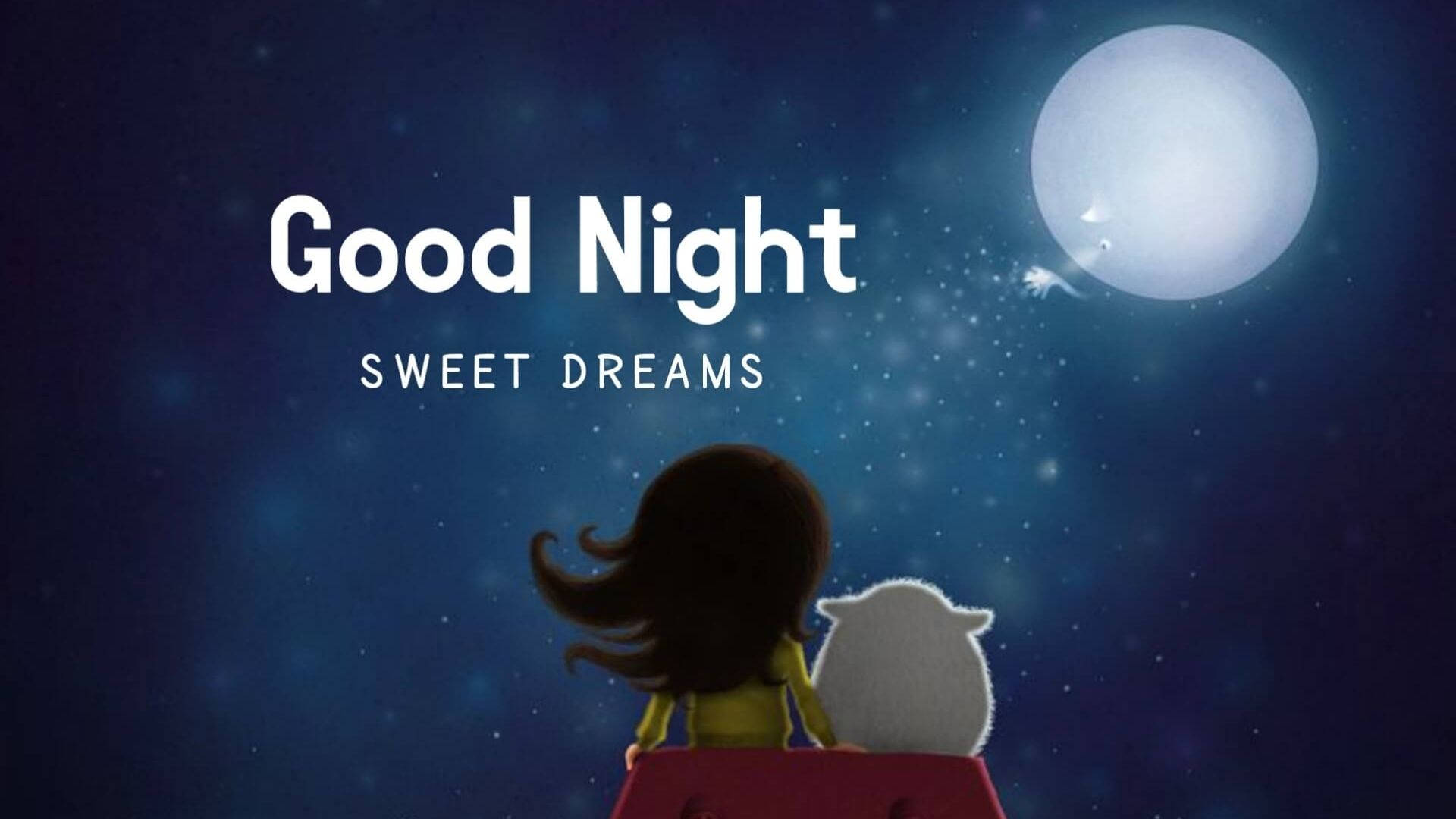 dreams 桌布 壁紙 — 一個孩子和一隻羊從一張紅色的床上凝視著深藍色夜空下閃爍的月亮和星星。