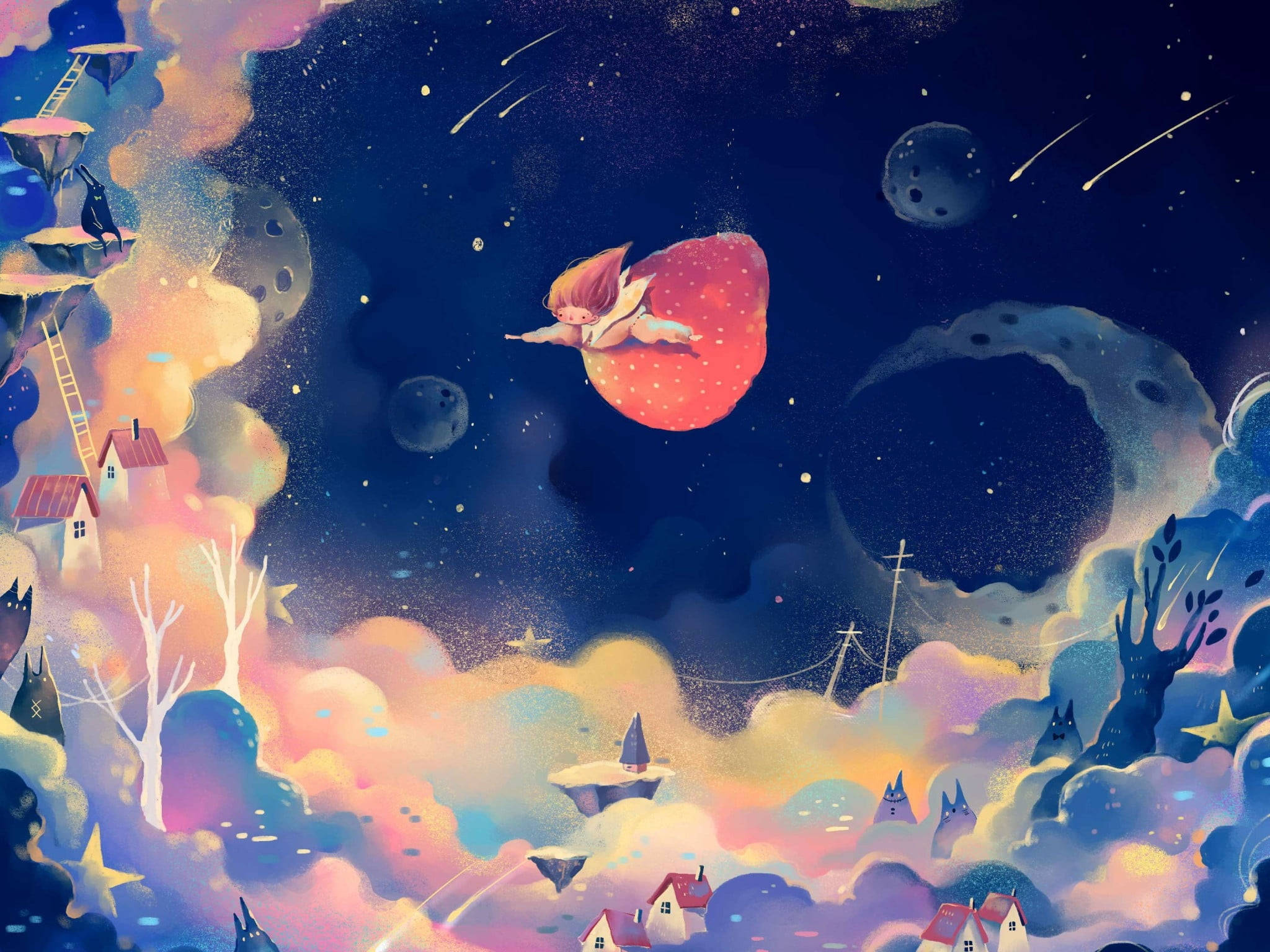 夢幻 桌布 壁紙 — 一個孩子在星空下漂浮在草莓上，穿過漂浮的房屋和色彩繽紛的雲朵的奇幻插圖。