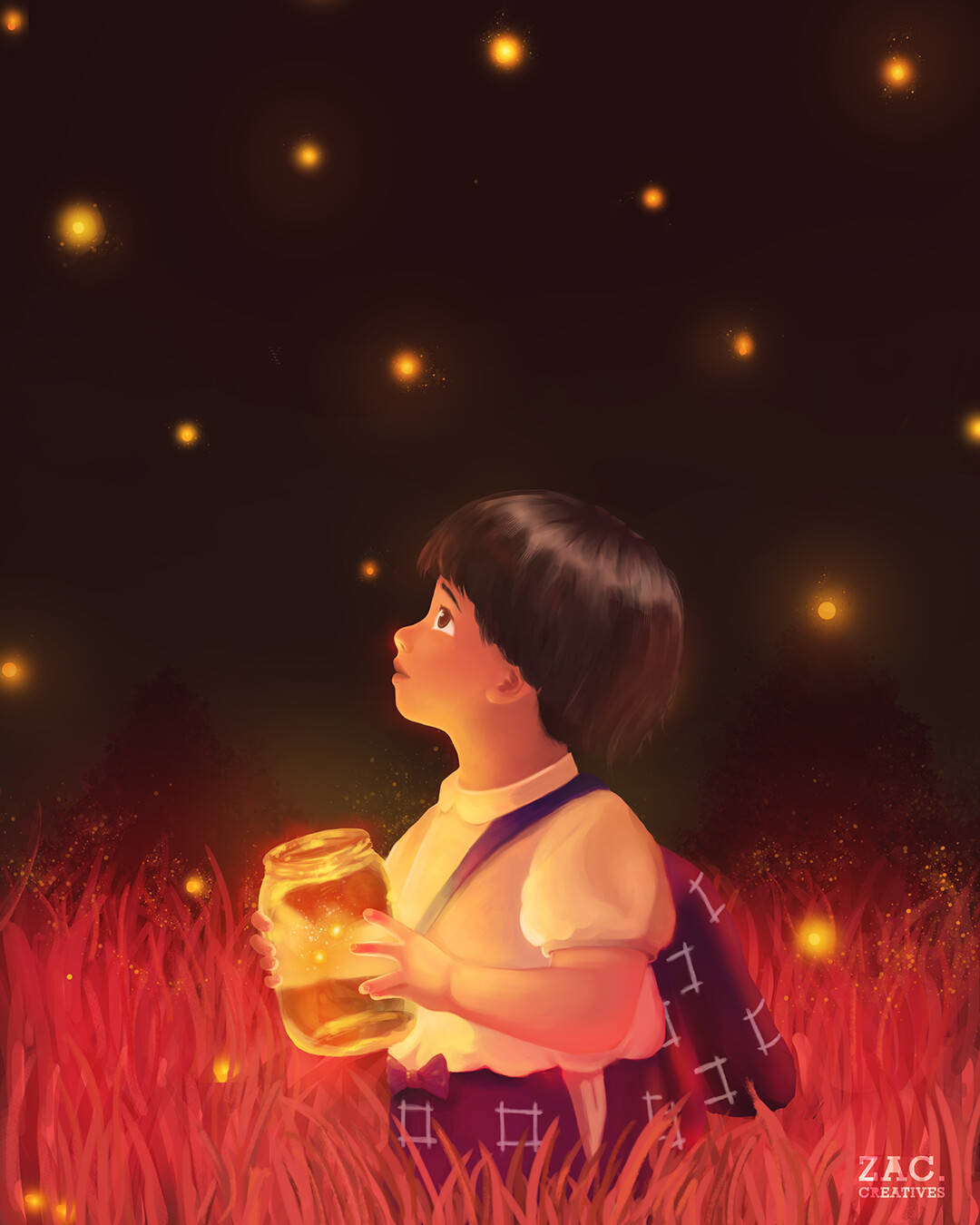 Grave 桌布 壁紙 — 一個孩子在發光的紅色草地上仰望，手持一個裝滿漂浮螢火蟲的罐子，背景是黑暗的天空。