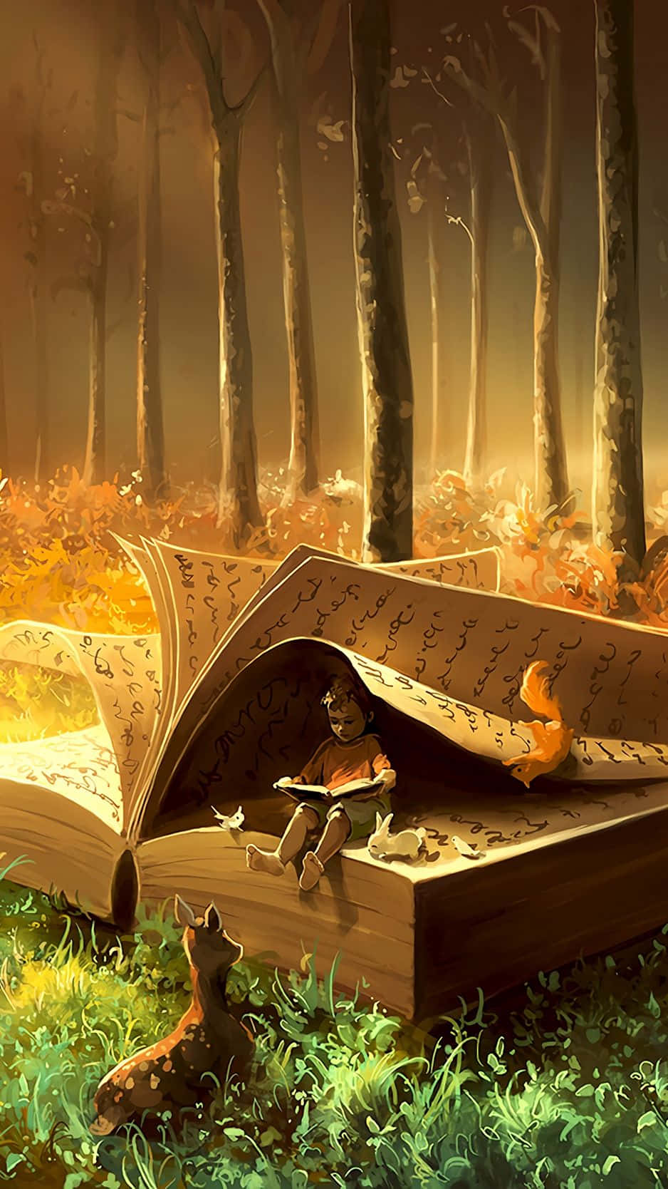Fairy Tale 桌布 壁紙 — 一個孩子在陽光明媚的秋日森林中，在一本巨大的打開的書內閱讀，附近有鹿和狐狸。