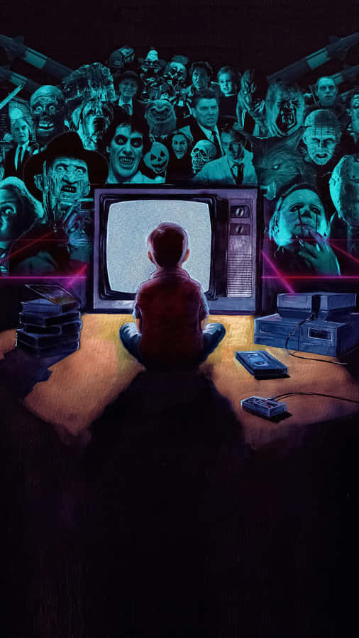 Aesthetic iPhone Horror 桌布 壁紙 — 一個孩子坐在發光的復古電視機前，一群恐怖電影怪物從黑暗復古房間的螢幕中湧現。