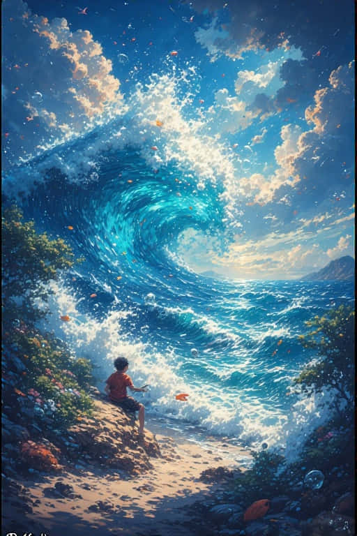 Stunning Sea Anime Realism Precisionist Art 壁紙 — 一個孩子坐在陽光明媚的海岸上，看著巨大的碧綠波浪在明亮的藍天和蓬鬆的雲朵下向他們捲來。