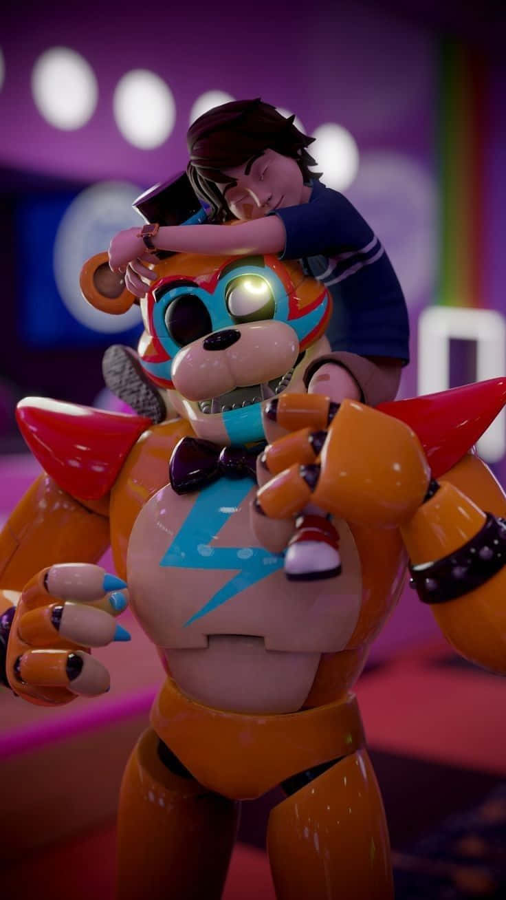 Fnaf Characters 桌布 壁紙 — 一個孩子安詳地睡在一隻大型橙色電子動畫熊的肩膀上，熊的眼睛發光，胸前有閃電。