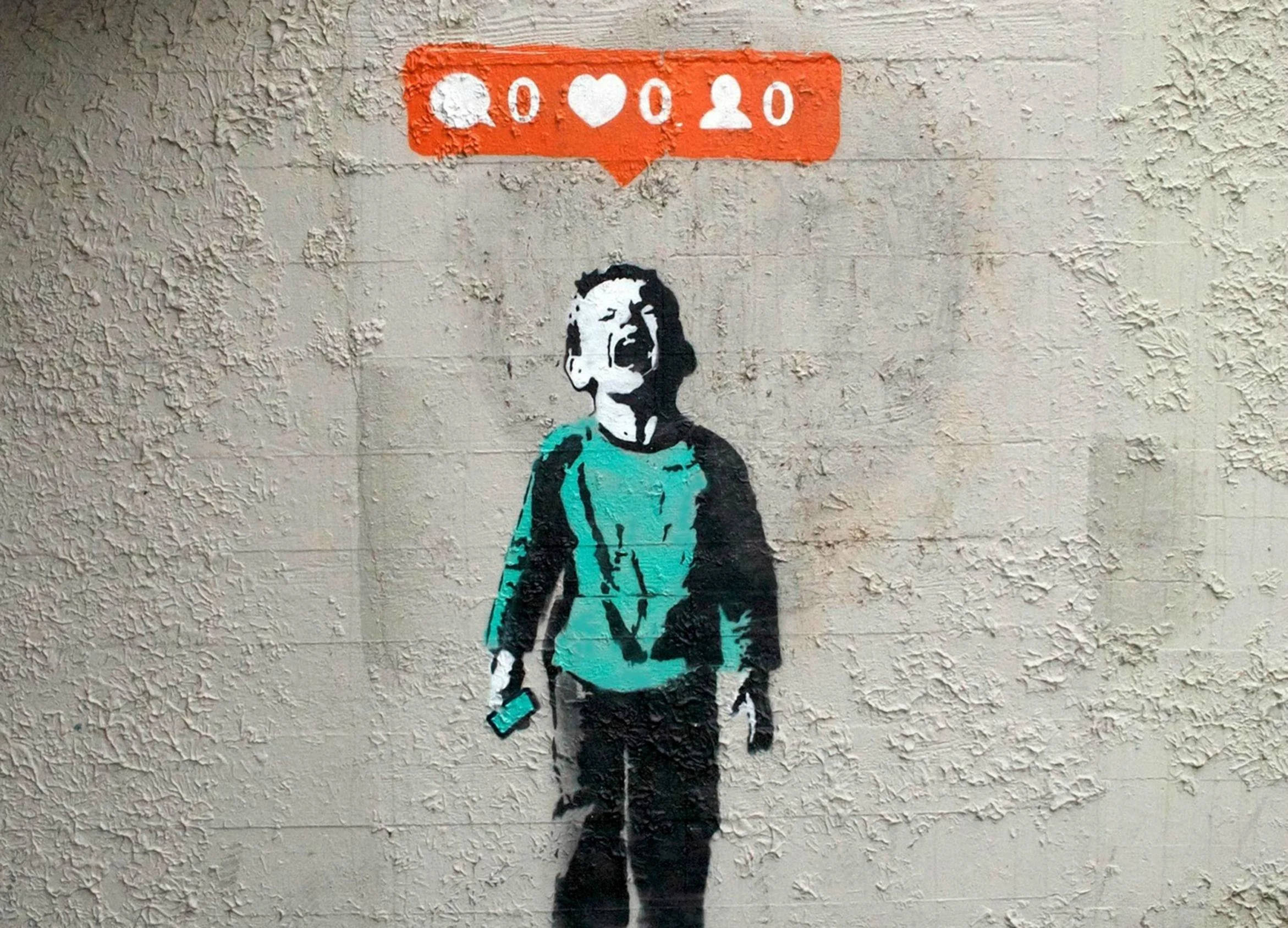 Banksy 桌布 壁紙 — 一個孩子尖叫著，手持電話，頭頂上有社交媒體通知氣泡的模板塗鴉。