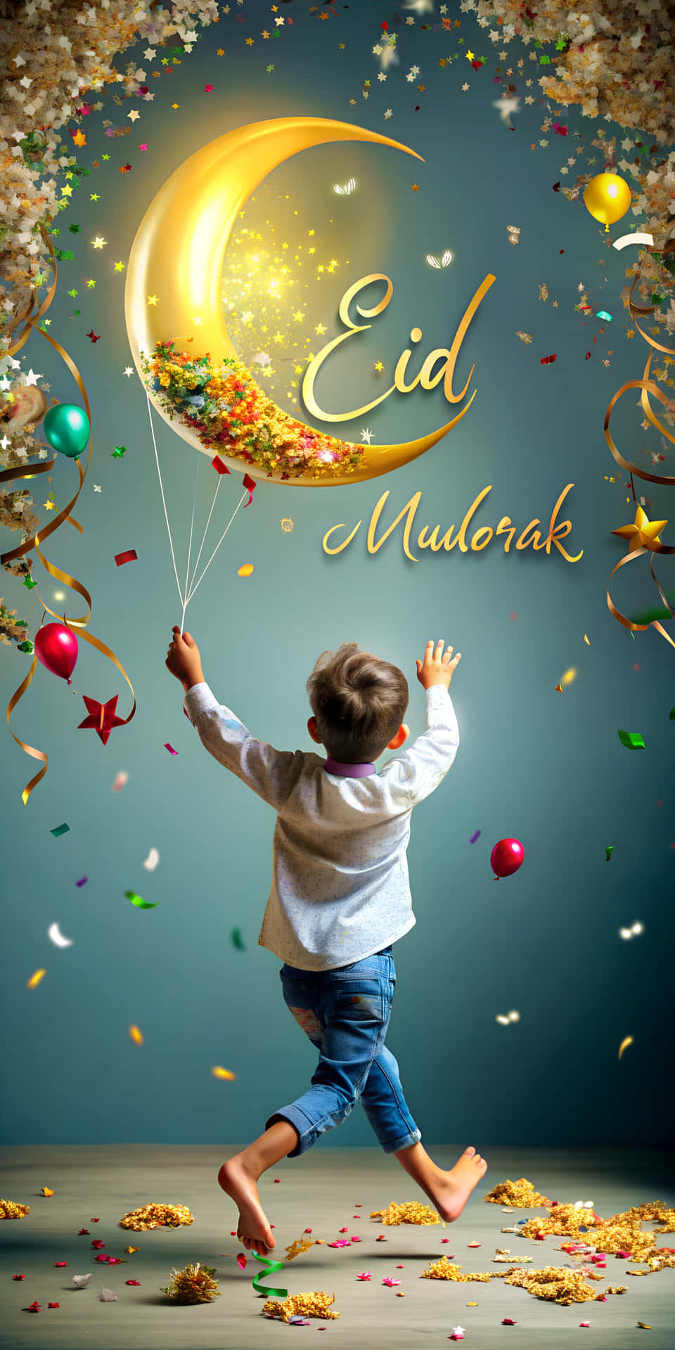 Joyful Child Running with Eid Mubarak Crescent Balloon and Festive Swirling Petals 壁紙 — 一個孩子快樂地奔跑，手持一個裝滿彩色紙屑的彎月氣球，周圍有節日裝飾旋轉。