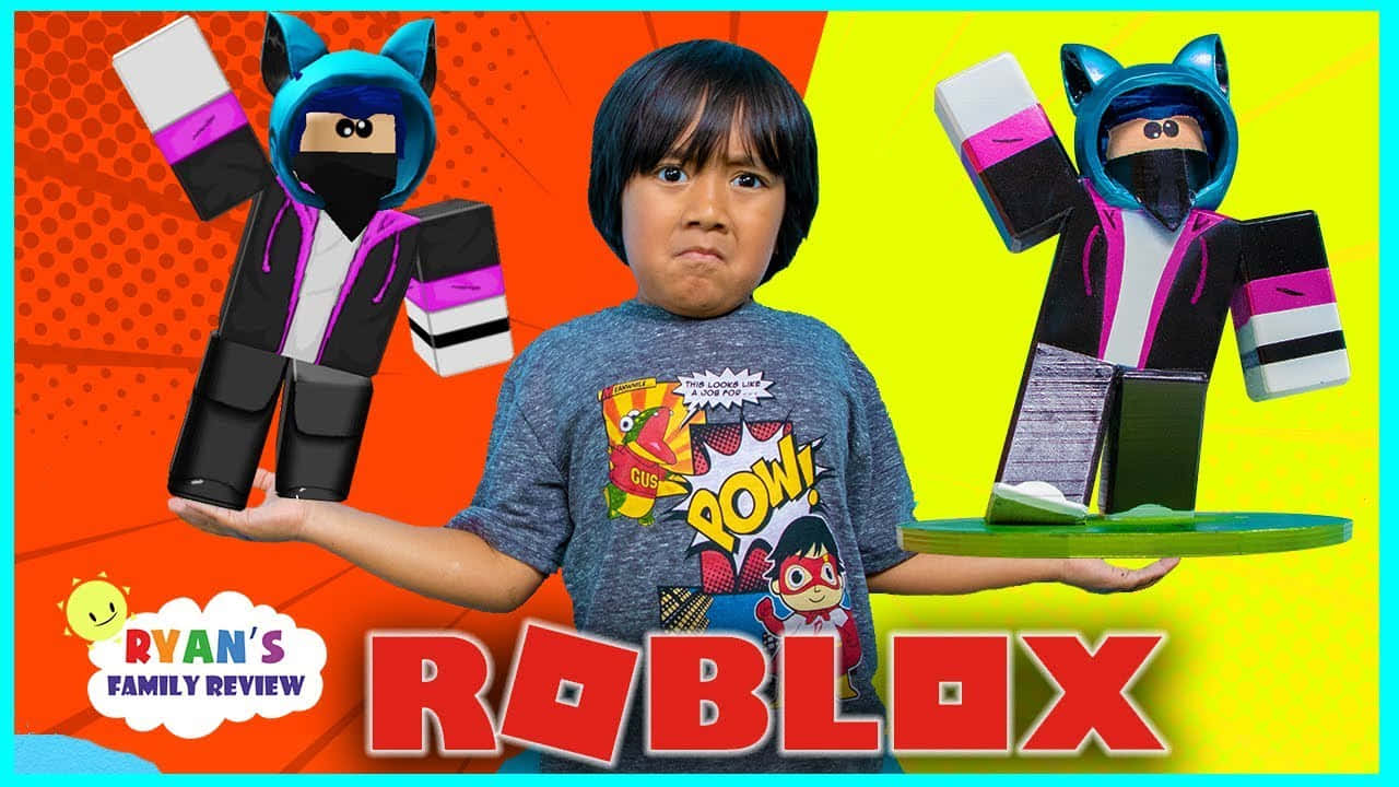 YouTube Banner 桌布 壁紙 — 一個孩子拿著兩個 Roblox 忍者公仔，背景是明亮的橙色和黃色，帶有漫畫風格效果。