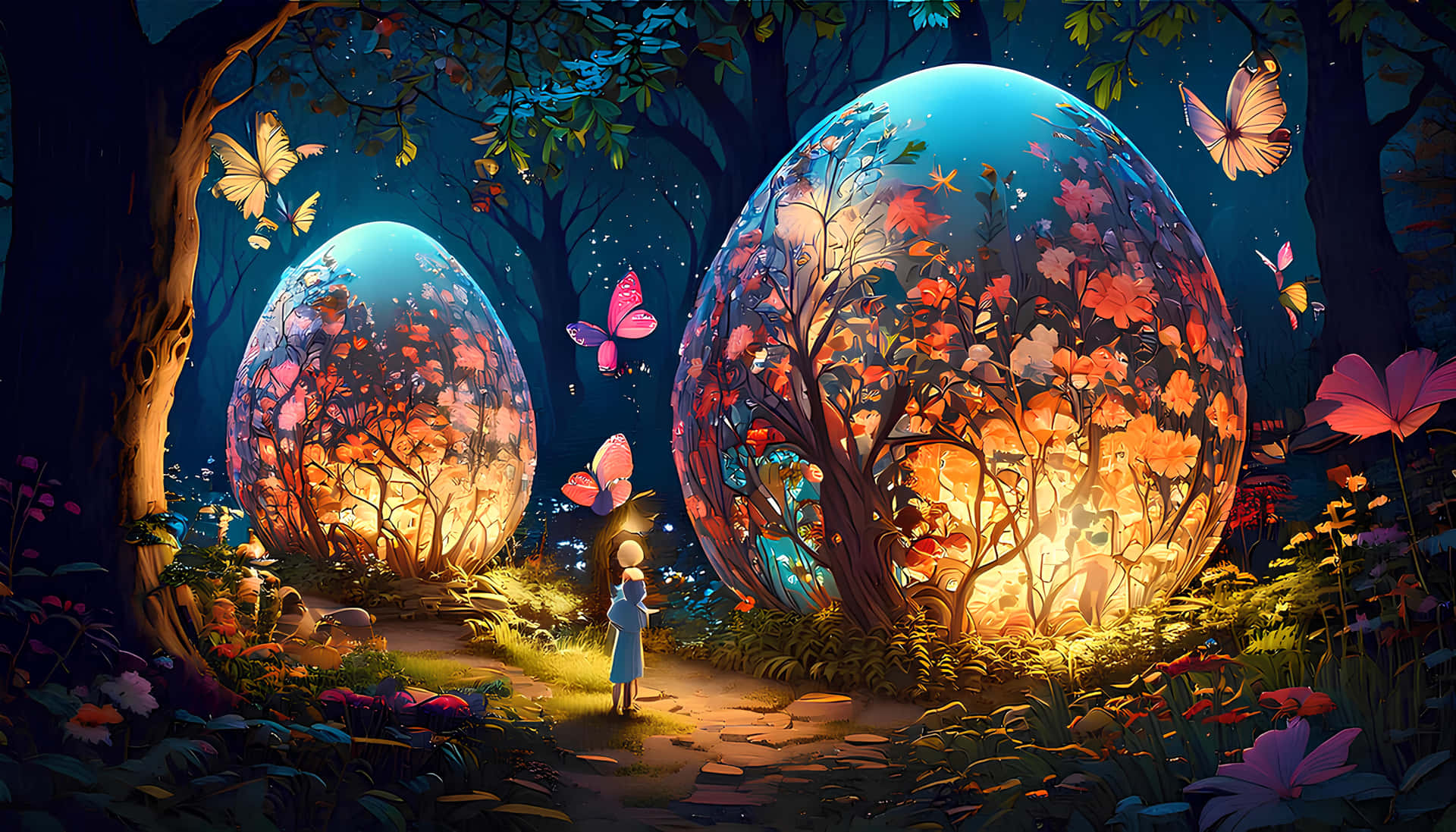 Easter eggs 壁紙 — 一個孩子敬畏地站在兩個巨大的發光蛋前，這些蛋嵌在一個神秘的森林中，森林散發著溫暖的光芒和翩翩起舞的蝴蝶。