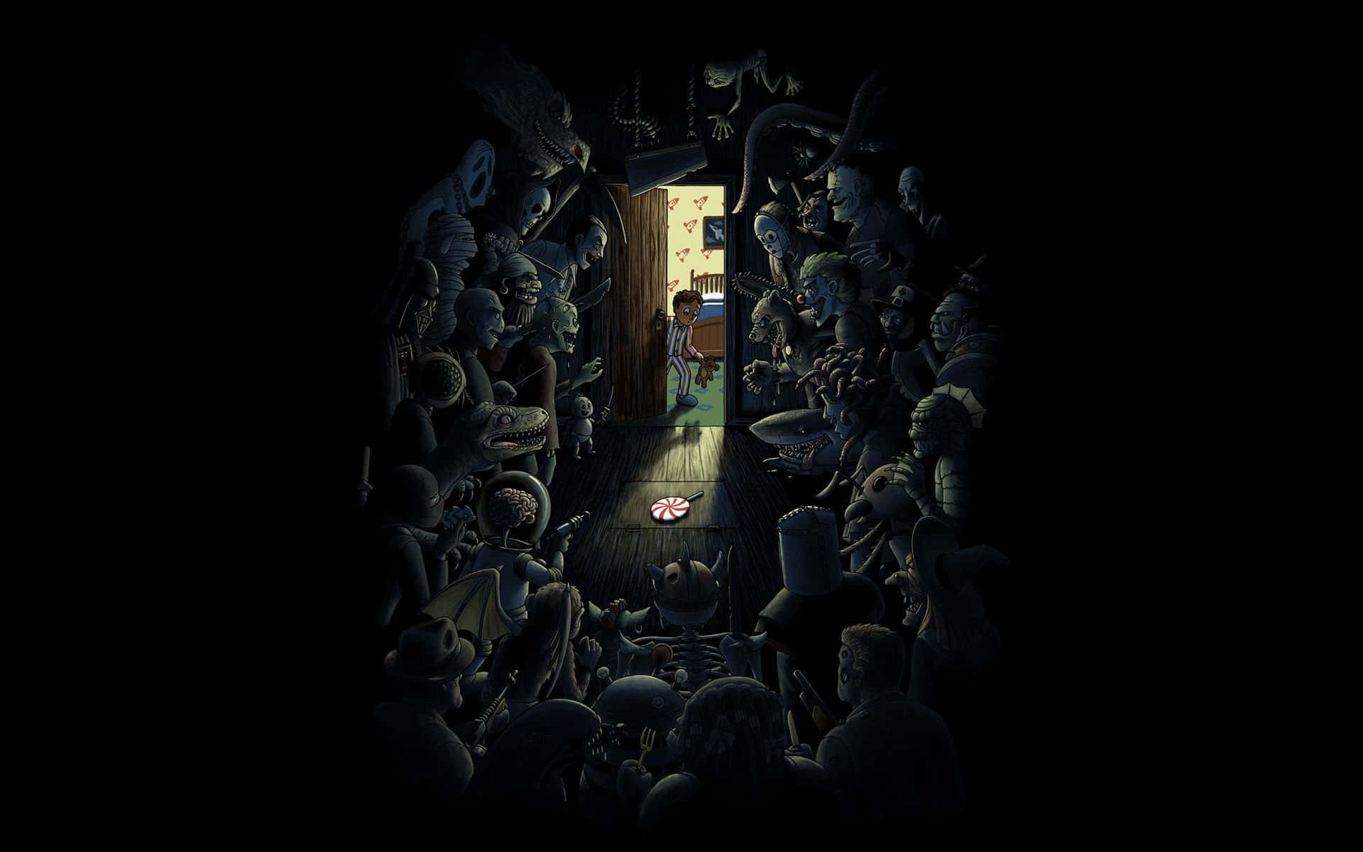 Dark Scary 桌布 壁紙 — 一個孩子獨自站在燈火通明的門口，面對黑暗走廊中一群怪誕的怪物。