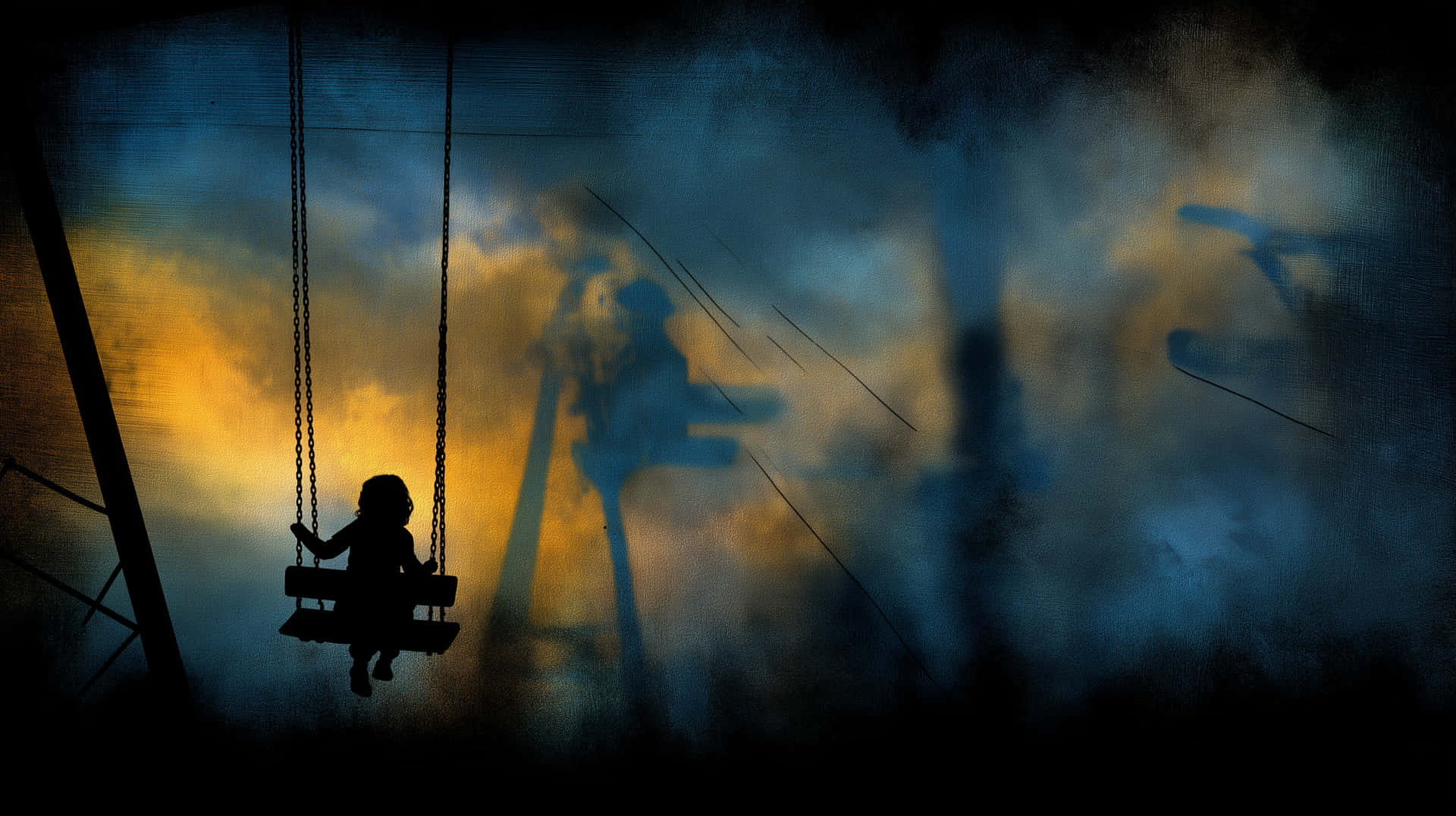 Abstract Silhouette of Child on Swing in Distorted Playground 壁紙 — 一個孩子的剪影在憂鬱的暮色天空中搖擺，天空中有旋轉的藍色和金色雲彩，薄霧中有模糊的幽靈般的人物。