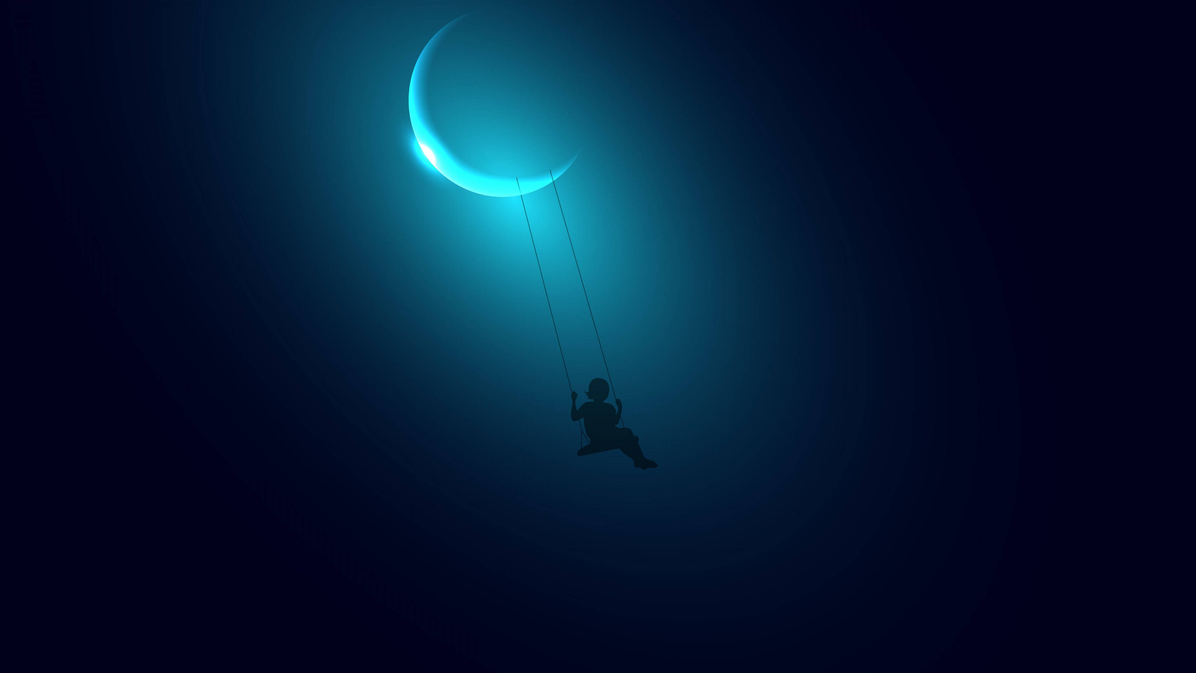 Crescent Moon 桌布 壁紙 — 一個孩子的剪影在繩索上搖擺，繩索繫在發光的彎月上，背景是深藍色的夜空。