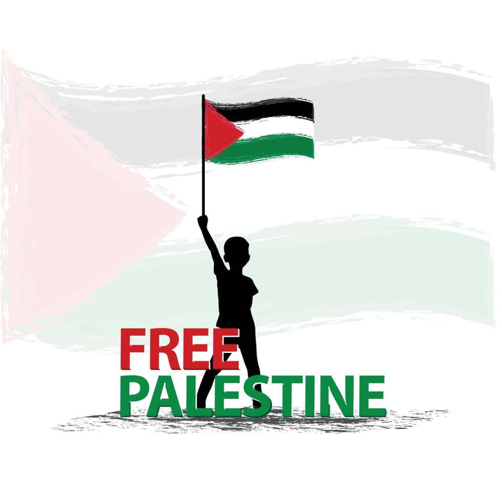 巴勒斯坦 桌布 壁紙 — 一個孩子的剪影在繪有粗體「FREE PALESTINE」文字的背景下舉起巴勒斯坦國旗。