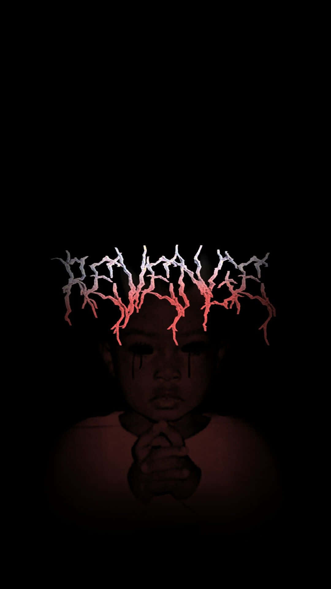 Dark Red Aesthetic 桌布 壁紙 — 一個孩子的臉在陰影中，上方有發光的紅色和白色 'REVENGE' 文字，像血一樣滴落在黑色背景上。