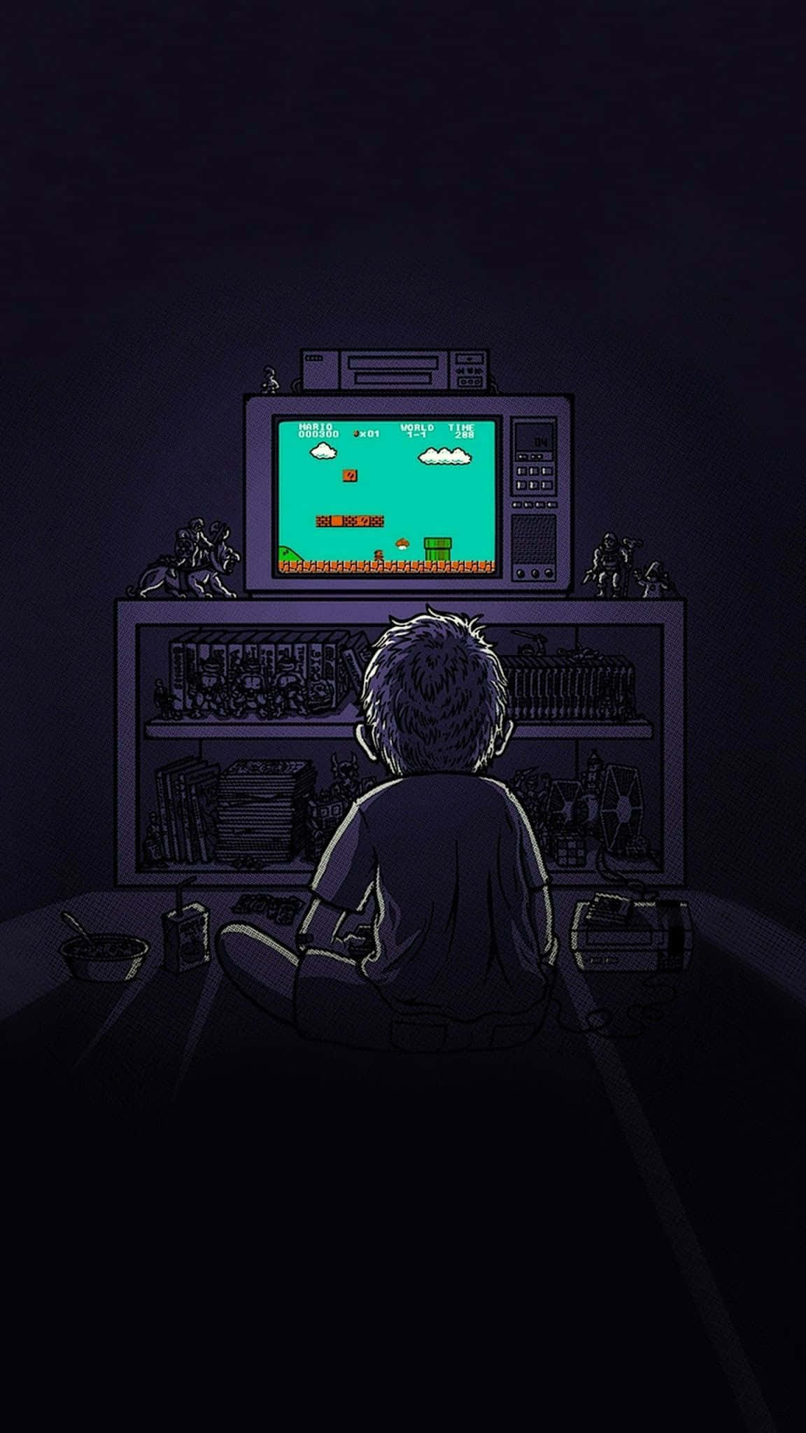 Retro 桌布 壁紙 — 一個孩子盤腿坐在黑暗的房間裡，在舊的CRT電視上玩經典的像素化電子遊戲。