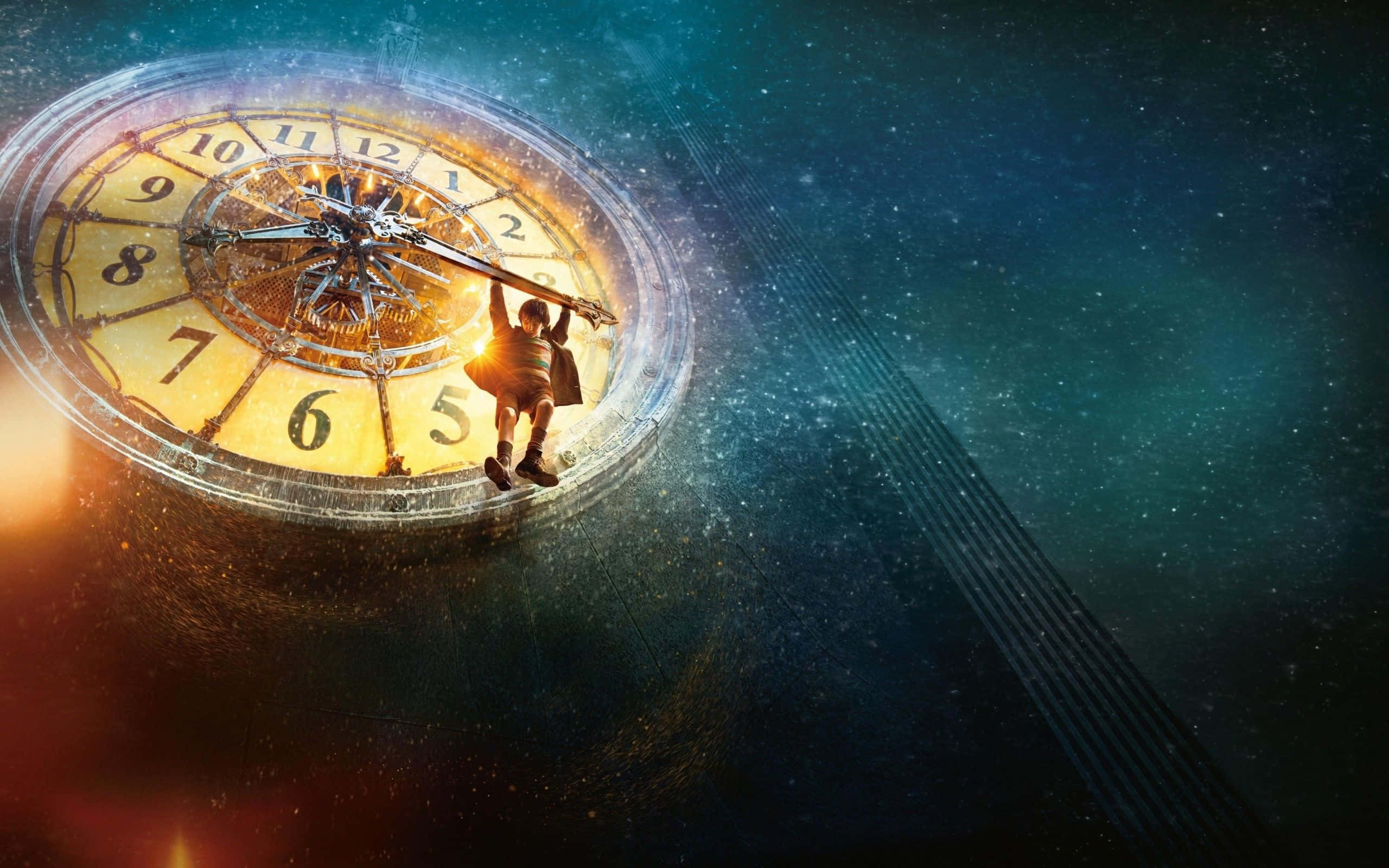 Clock 桌布 壁紙 — 一個孩子站在一個巨大的發光時鐘面上，身處滿天星斗的宇宙虛空，雙臂高舉，彷彿在操控時間。