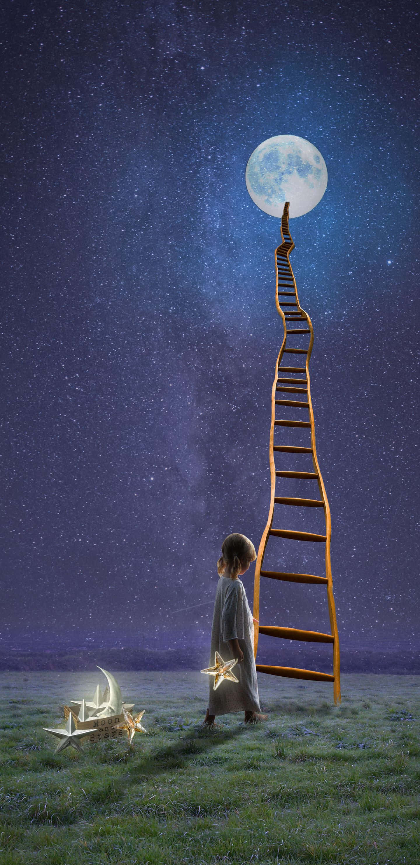 1440x2960 桌布 壁紙 — 一個孩子站在草地上，手持一顆發光的星星，在廣闊的星空下，一把木梯子升起觸碰滿月。