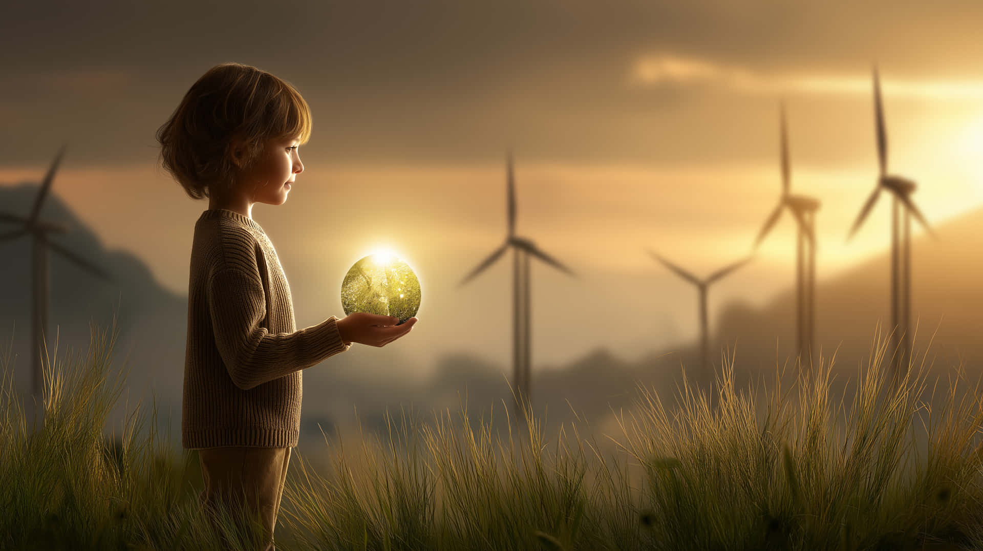 Child Holding Luminous Orb in Grassy Field with Wind Turbines 壁紙 — 一個孩子站在高高的草叢中，手持發光的地球儀，風力渦輪機在金色夕陽下矗立。